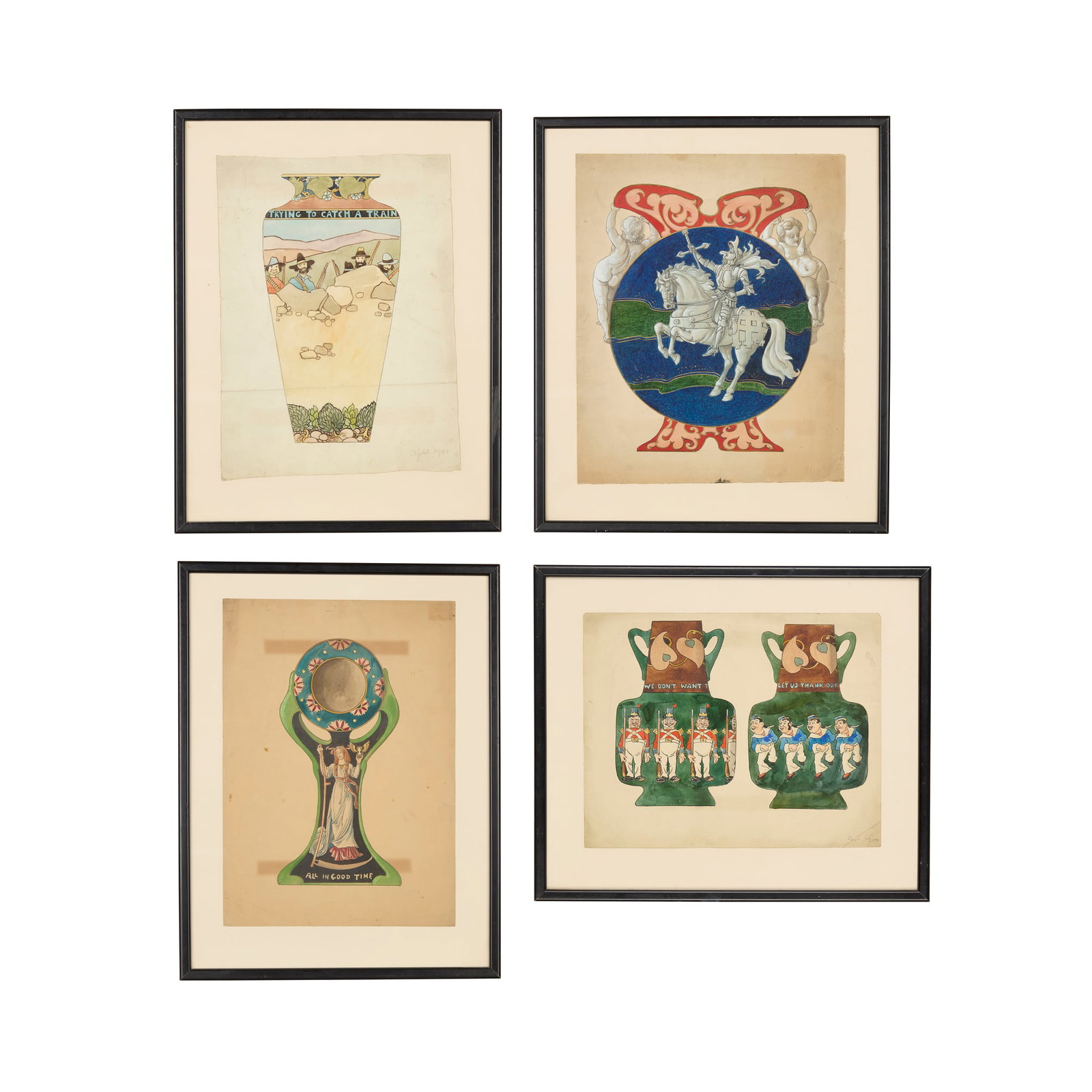 FREDERICK RHEAD (1880–1942): FREDERICK RHEAD (1880–1942) GROUP OF SIX DESIGNS FOR WILEMAN & CO., CIRCA 1900 watercolour, bodycolour and pencil, comprising TRYING TO CATCH A TRAIN, study for a vase, dated lower right APRIL 1