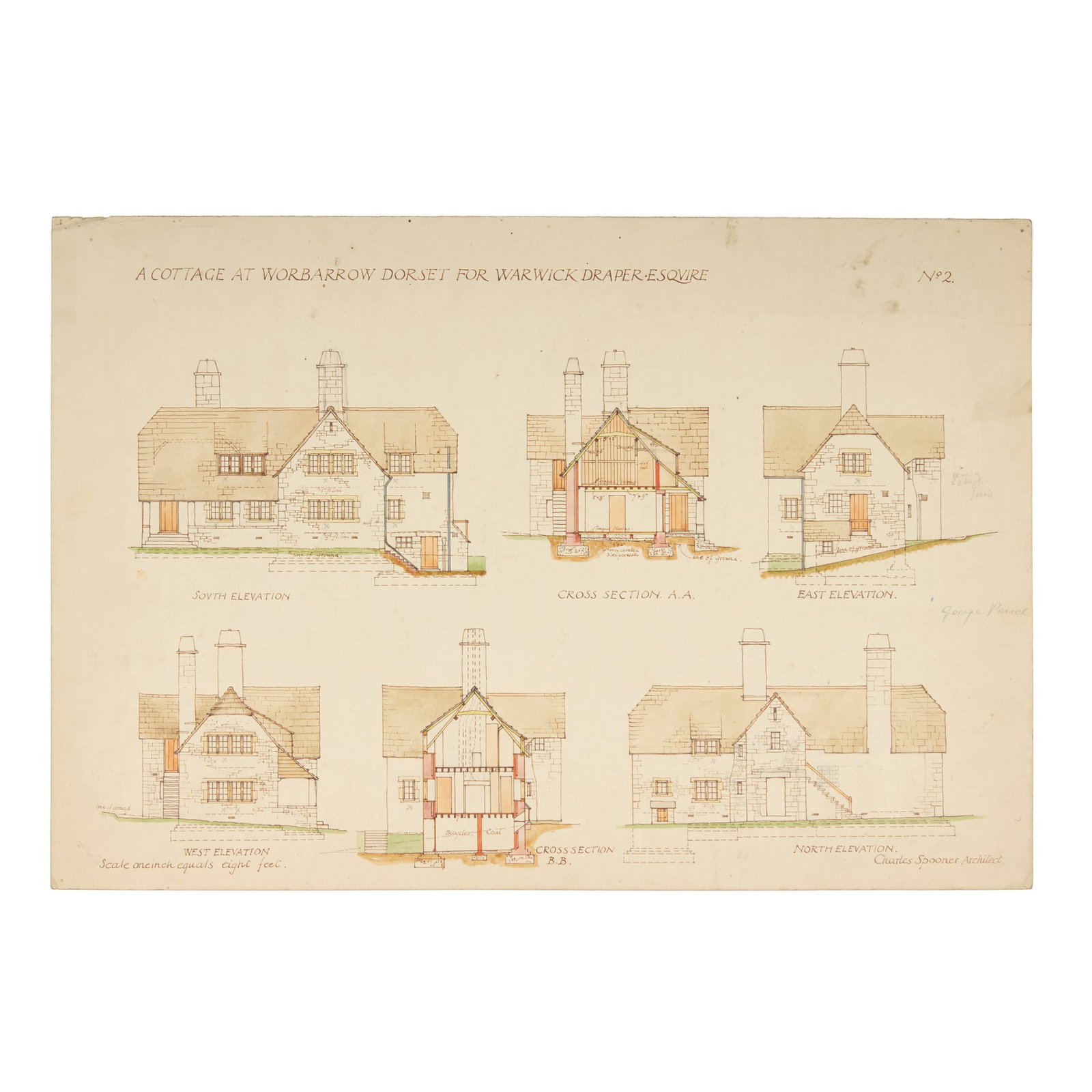 CHARLES SPOONER (1862-1938): CHARLES SPOONER (1862-1938) ARCHITECTURAL DESIGNS FOR COTTAGES IN SUSSEX, HERTFORDSHIRE, BUCKINGHAMSHIRE & DORSET DESIGN FOR A COTTAGE AT WESTDOWN, BURWASH WEALD IN SUSSEX and DESIGN FOR ADDITIONS TO