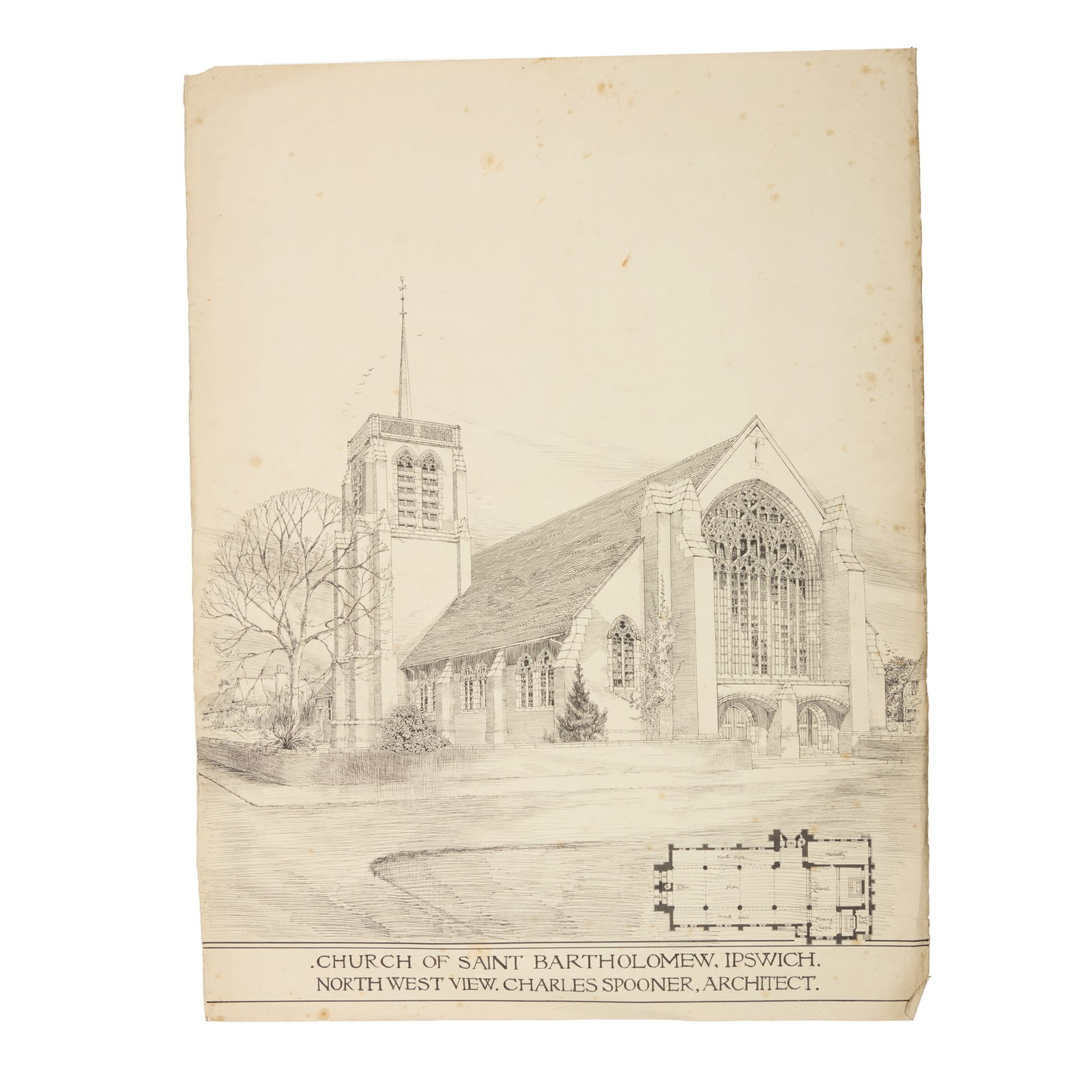 CHARLES SPOONER (1862-1938): CHARLES SPOONER (1862-1938) ECCLESIASTICAL AND OTHER DESIGNS CHURCH OF SAINT BARTHOLOMEW, IPSWICH, pen and ink, watercolour and graphite, signed ‘Charles Spooner Architect’, with approval
