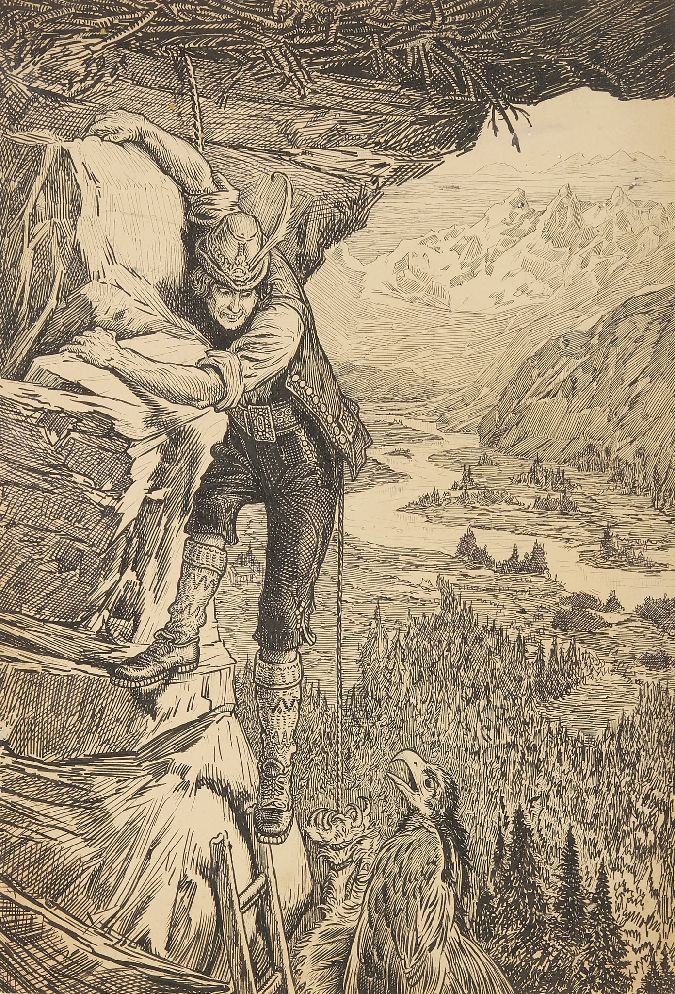 LOUIS JOHN RHEAD (1857-1926): LOUIS JOHN RHEAD (1857-1926) 'HELD ON TIL HIS FOOT TOUCHED THE LADDER', ILLUSTRATION FROM 'THE ICE MAIDEN' CHAPTER VII pen and ink 48.5cm x 33cm (frame size 73cm x 53cm)