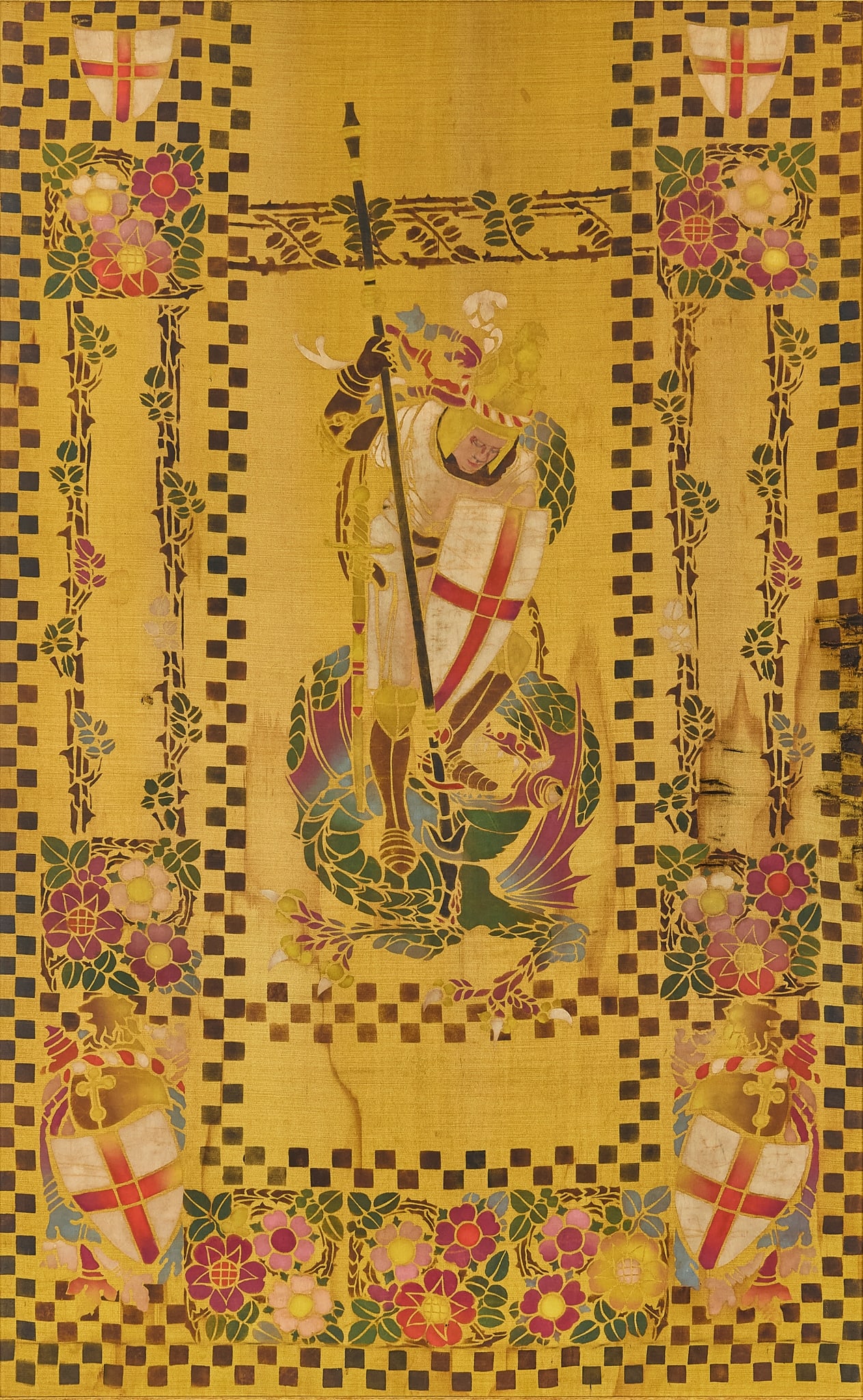 PAINTED FABRICS LTD., SHEFFIELD: PAINTED FABRICS LTD., SHEFFIELD SAINT GEORGE AND THE DRAGON PANEL, CIRCA 1930 stencilled and painted rayon, framed 178cm x 110.5cm (frame size 193cm x 125.5cm) Painted Fabrics Ltd was