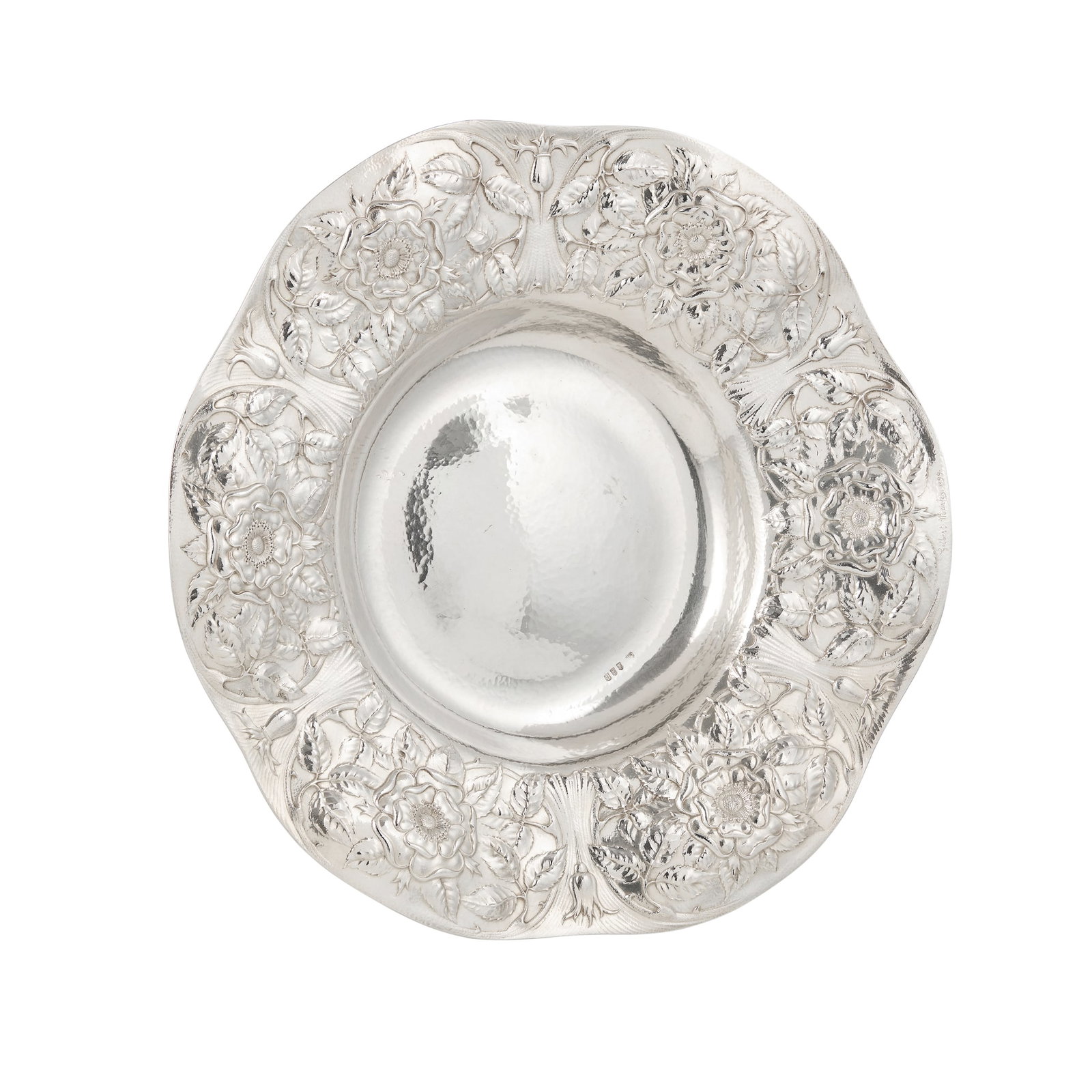 GILBERT MARKS (1861-1905): GILBERT MARKS (1861-1905) CHARGER, 1899 silver, stamped maker's mark GM, signed and dated to rim GILBERT MARKS 1899, hallmarked London 1899, weight 1626g 42cm diameter Private collection,