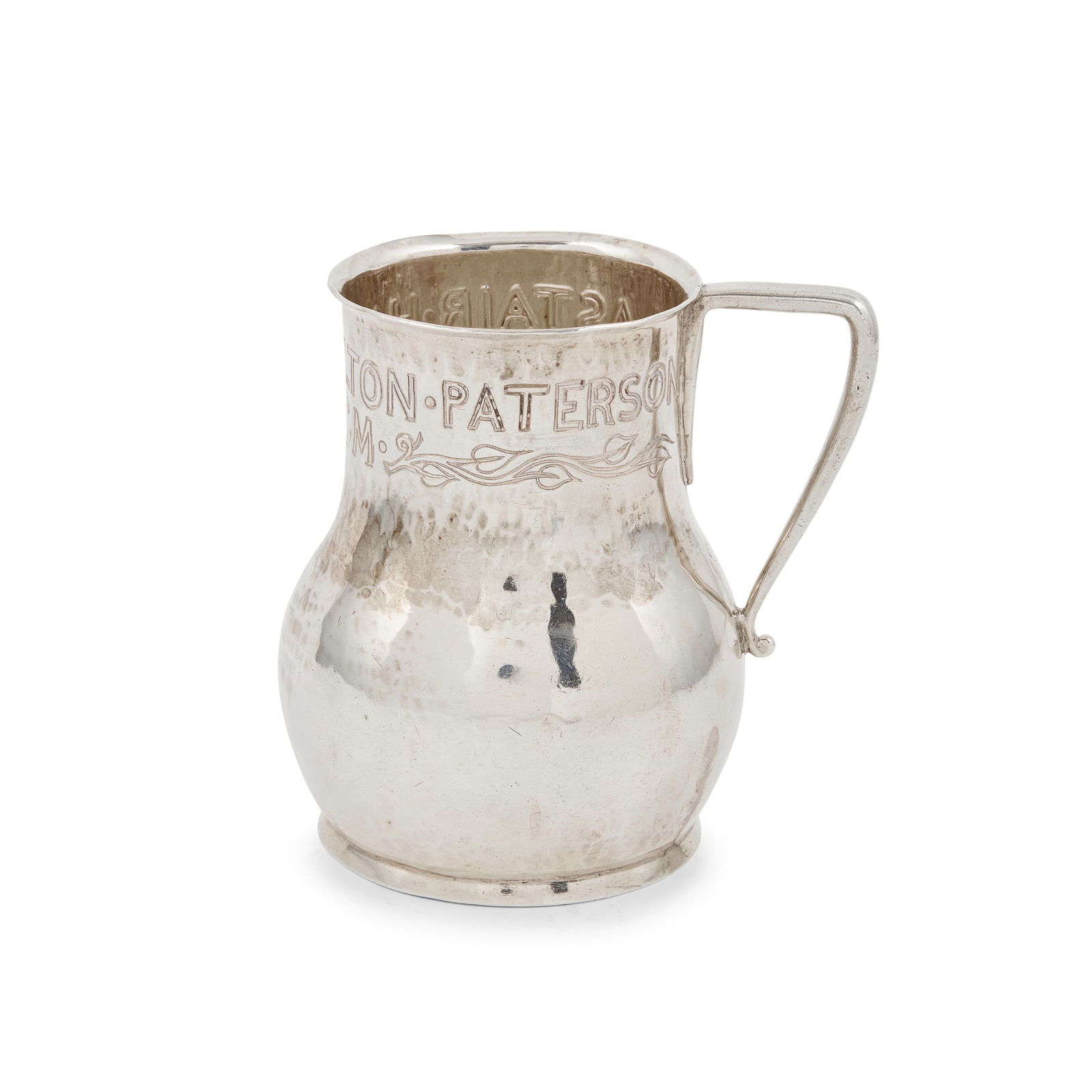 BIRMINGHAM GUILD OF HANDICRAFTS: BIRMINGHAM GUILD OF HANDICRAFTS CHRISTENING MUG, 1900 silver, inscribed ALASTAIR HAMILTON PATERSON XX OCTOBER MCM, stamped maker's mark BGHLD, hallmarked Birmingham 1900, weight 156g 9cm high Christie