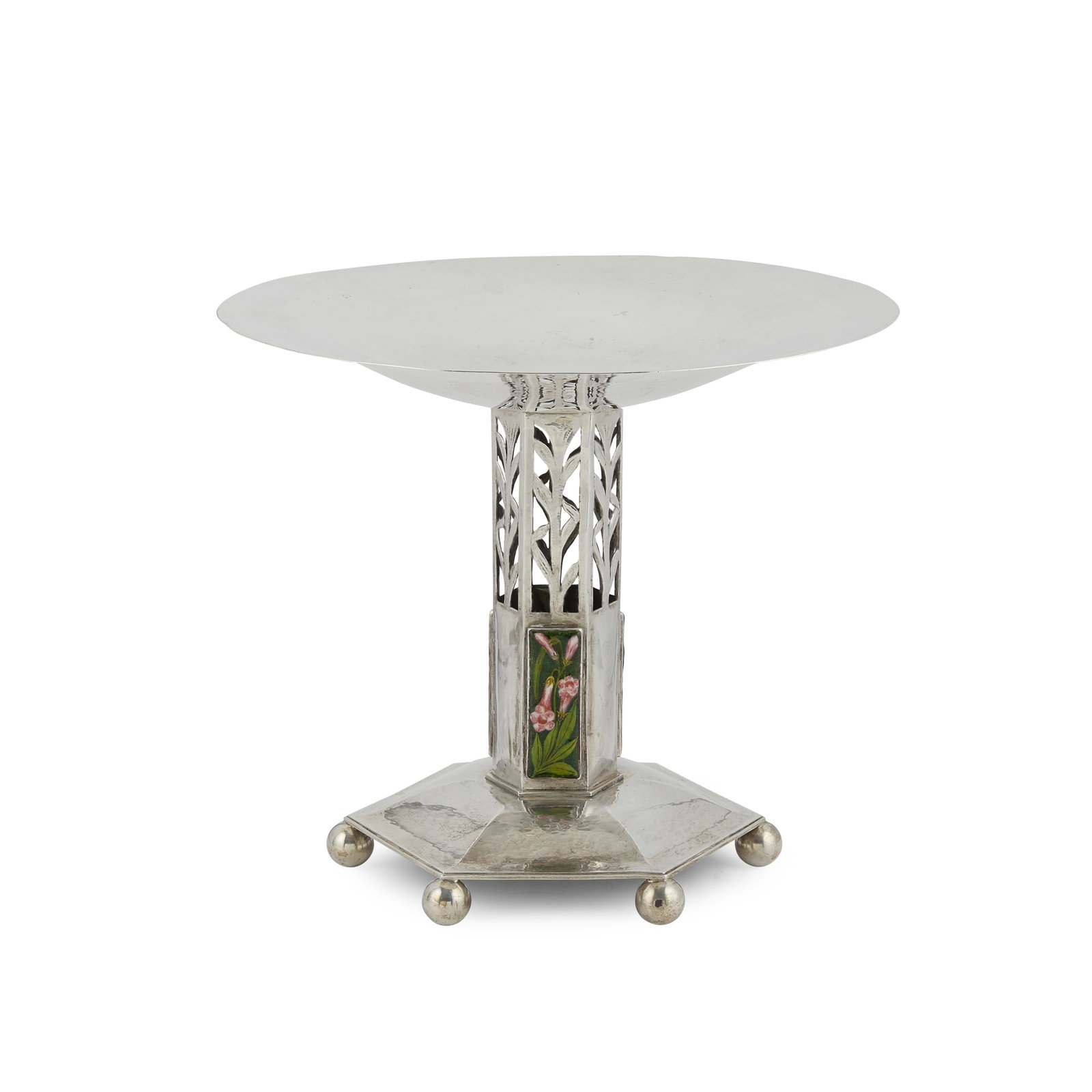 C. R. ASHBEE (1863-1942) FOR THE GUILD OF HANDICRAFT LTD.: C. R. ASHBEE (1863-1942) FOR THE GUILD OF HANDICRAFT LTD. ARTS & CRAFTS COMPORT, 1904 silver and enamel, stamped maker's mark G OF H LTD, hallmarked London 1904, total weight 904g 23cm high, 26.6cm di