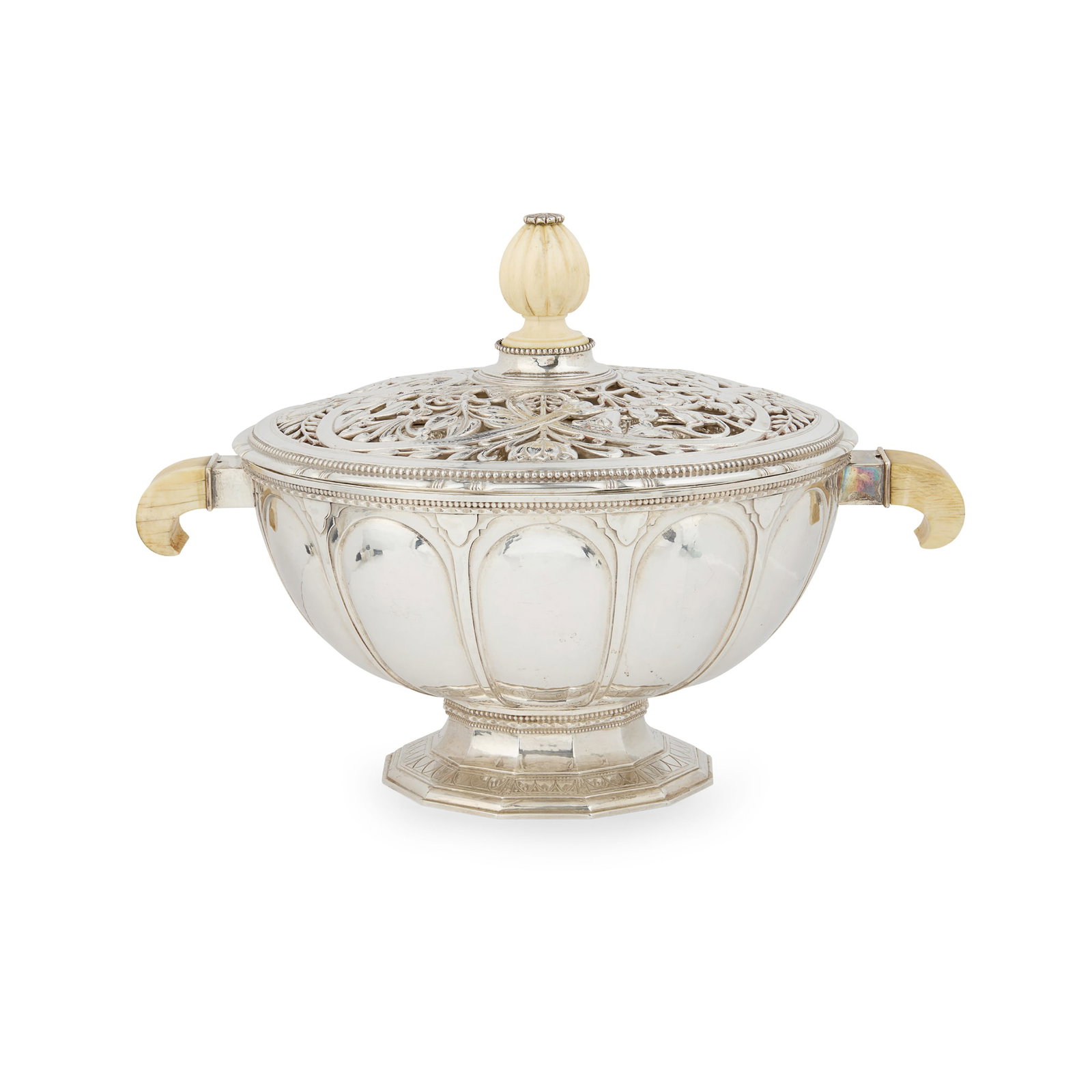 Y THE GUILD OF HANDICRAFT: THE GUILD OF HANDICRAFT ROSE BOWL AND COVER, LONDON, 1935 silver and ivory, stamped maker's mark G OF H, hallmarked London 1935, total weight 2684g 37cm diameter across handles Private collectio