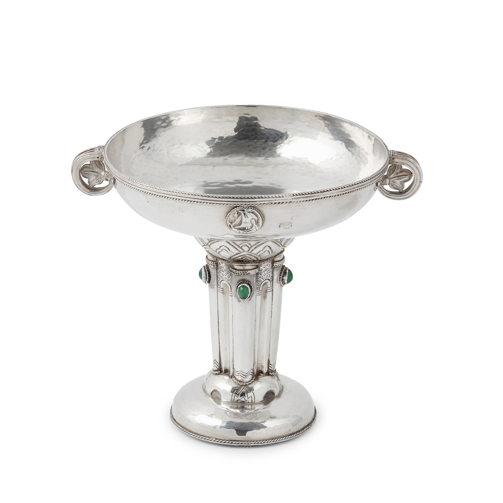 EDWARD SPENCER (1872-1938) FOR THE ARTIFICERS' GUILD: EDWARD SPENCER (1872-1938) FOR THE ARTIFICERS' GUILD ARTS & CRAFTS BON BON STAND, 1925 silver, set with chrysoprase cabochons, stamped artist's mark EDWARD SPENCER DEL, stamped maker's mark AS.GD.LD,