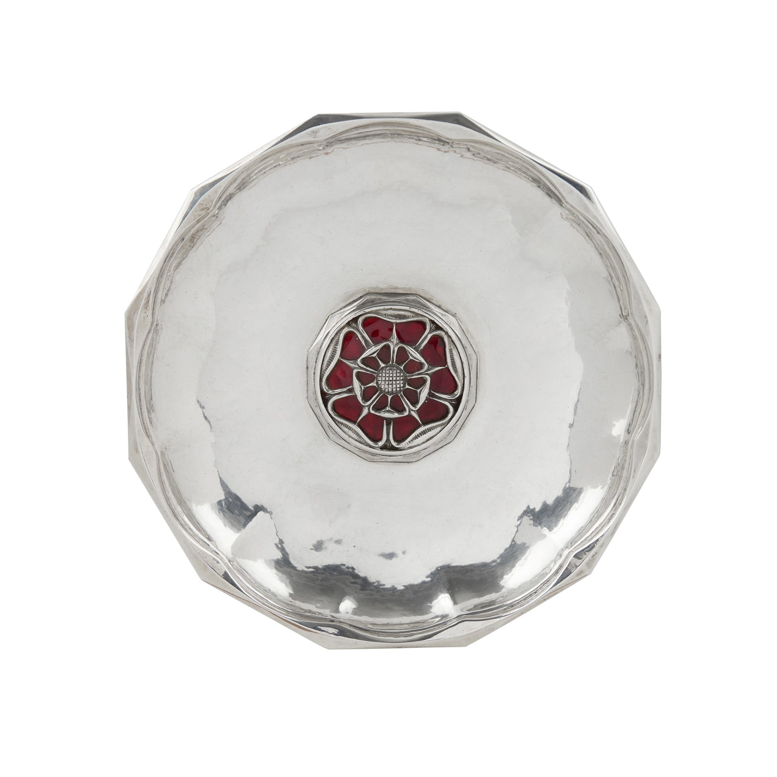 OMAR RAMSDEN (1873-1939): OMAR RAMSDEN (1873-1939) ARTS & CRAFTS DISH, 1933 silver and enamel, stamped maker's mark OR, inscribed OMAR RAMSDEN ME FECIT, hallmarked London 1933, total weight 272g 16.7cm diameter Private collect
