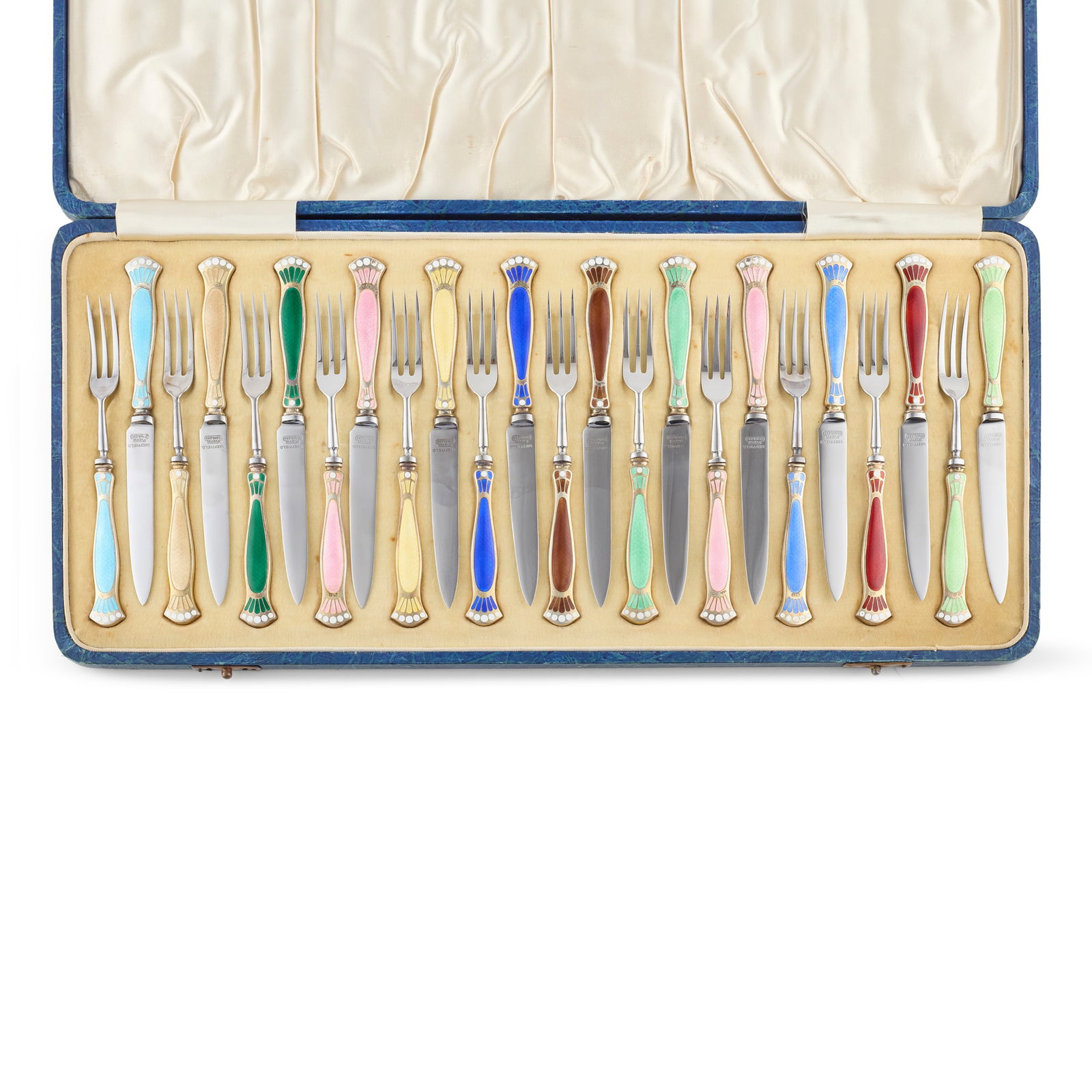 TURNER & SIMPSON LTD, BIRMINGHAM: TURNER & SIMPSON LTD, BIRMINGHAM CASED ART DECO FRUIT SERVICE, 1933 silver gilt, enamel and stainless steel, stamped maker's mark T&S;, hallmarked Birmingham 1933; comprising twelves knives and twelve