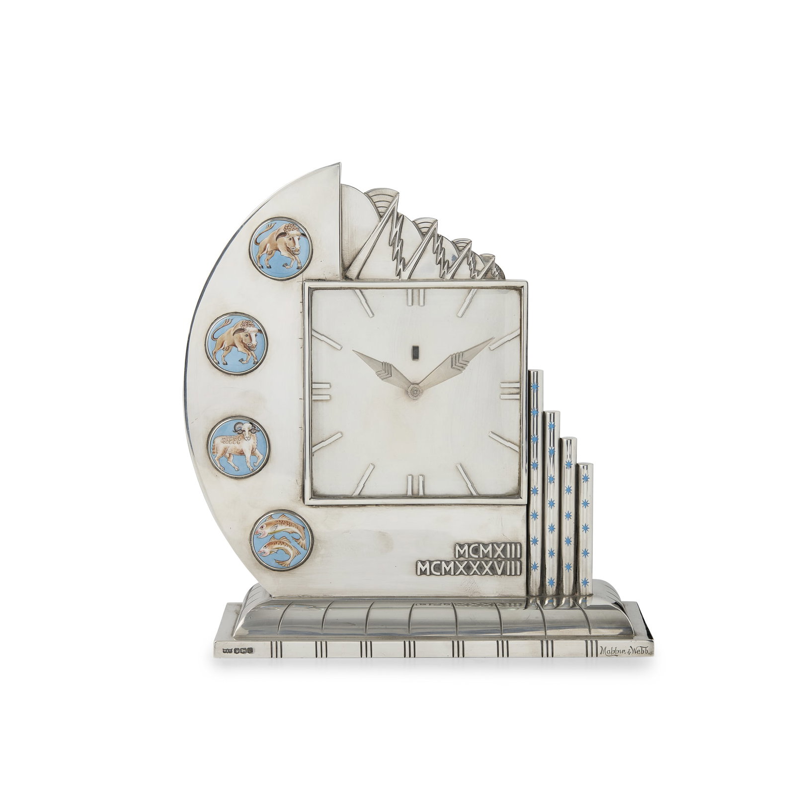 MAPPIN AND WEBB, LONDON: MAPPIN AND WEBB, LONDON ART DECO TABLE CLOCK, 1935 silver, with enamel discs depicting signs of the Zodiac, with wooden back and Bakelite cased ‘Genalex’ electric movement, stamped retaile