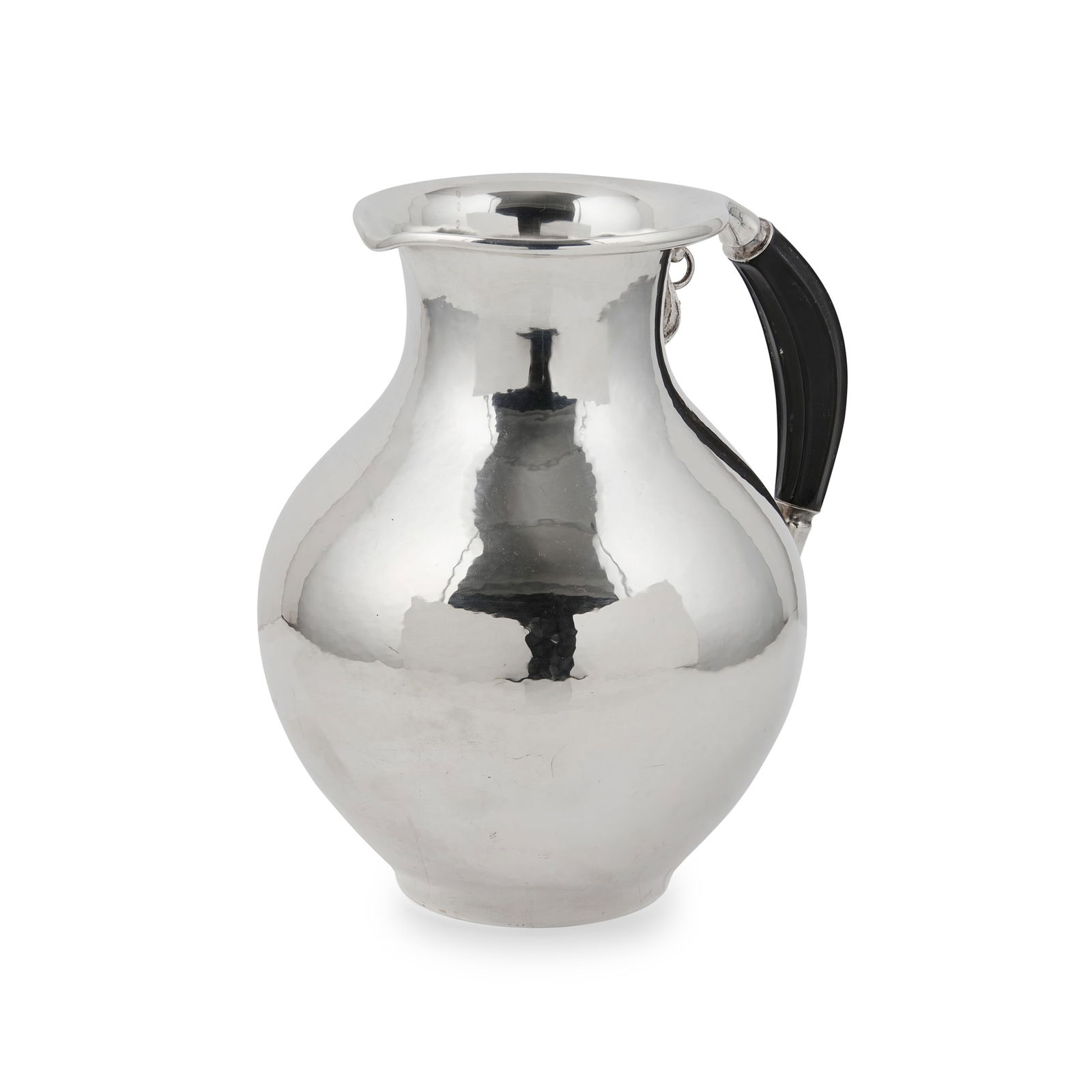 GEORG JENSEN (1866-1935): GEORG JENSEN (1866-1935) WATER PITCHER, MODEL 385, CIRCA 1969 silver with ebonised wood handle, stamped GEORG JENSEN DENMARK STERLING 385, import marks G. J LD., London 1969, total weight 630g 