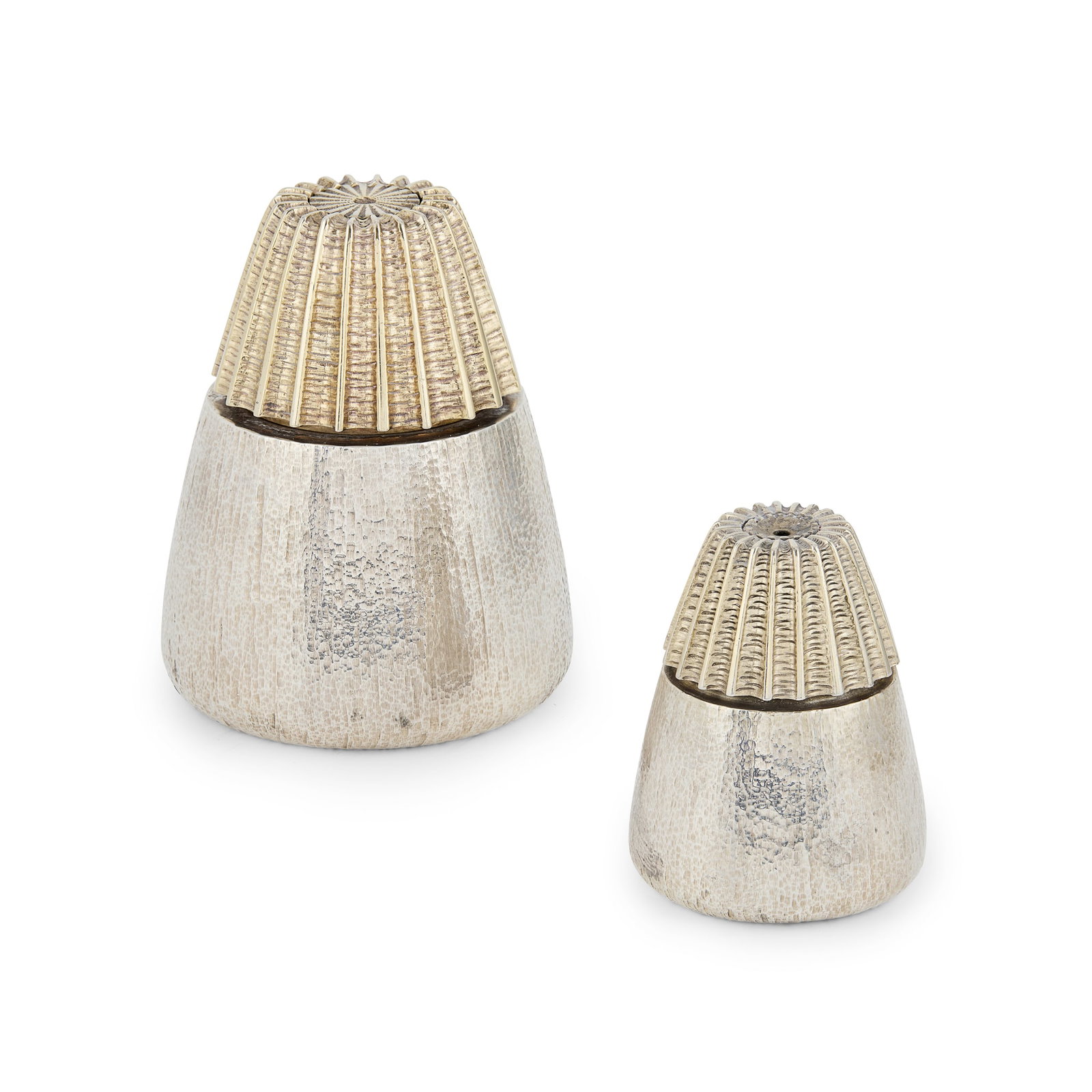 CHRISTOPHER LAWRENCE (B.1936): CHRISTOPHER LAWRENCE (B.1936) SALT AND PEPPER GRINDER, 1973 silver and silver gilt, steel, stamped maker's mark CML, hallmarked London, 1973, total weight 586g (2) pepper 10.5cm high, salt 7cm