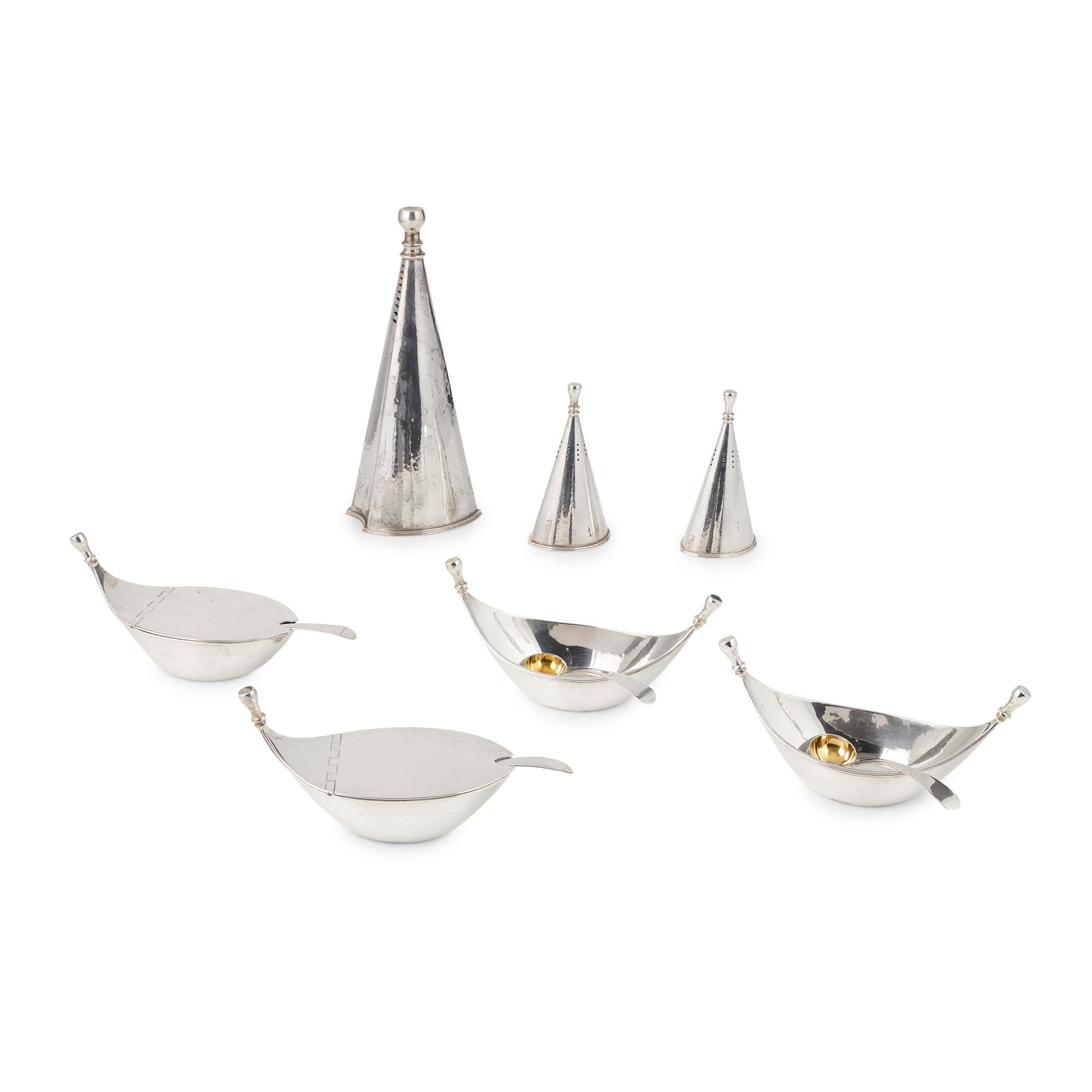 ROBERT YORKE GOODDEN (1909-2002) FOR WAKELY AND WHEELER: ROBERT YORKE GOODDEN (1909-2002) FOR WAKELY AND WHEELER CONDIMENT SET, CIRCA 1962 silver, the sifter inscribed R Y GOODDEN, stamped maker's mark WW, comprising; a SUGAR SIFTER, 19.2cm high; a