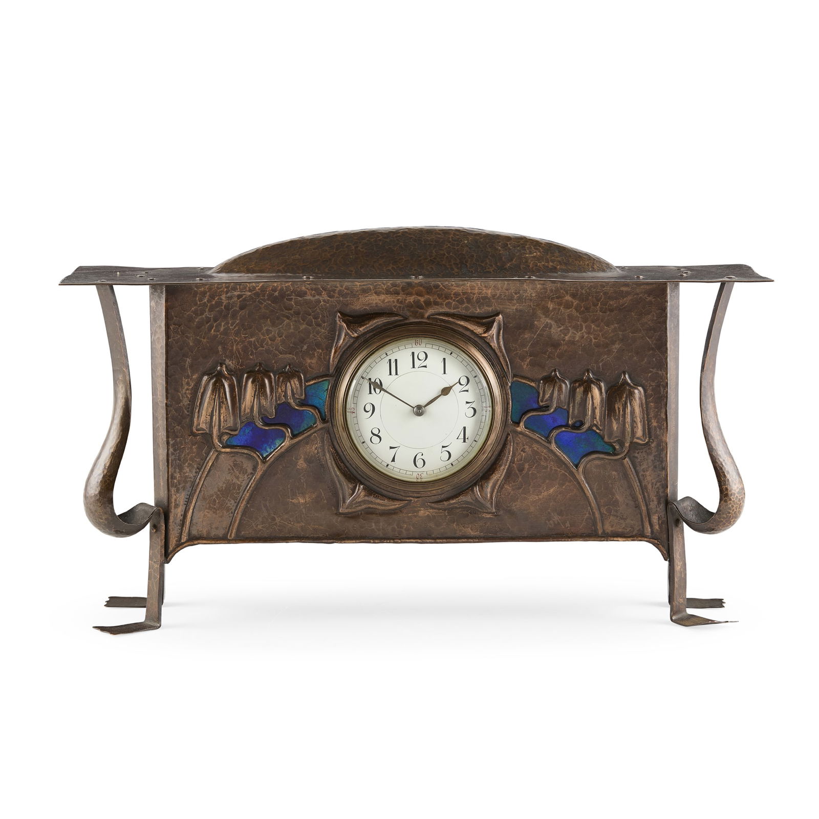 ATTRIBUTED TO GEORGE WALTON (1867-1933) FOR GOODYERS, LONDON: ATTRIBUTED TO GEORGE WALTON (1867-1933) FOR GOODYERS, LONDON ARTS & CRAFTS MANTEL CLOCK, CIRCA 1900 copper and enamel, stamped maker's mark to rear GOODYERS/ REGENT STREET/ LONDON W 41cm wide,