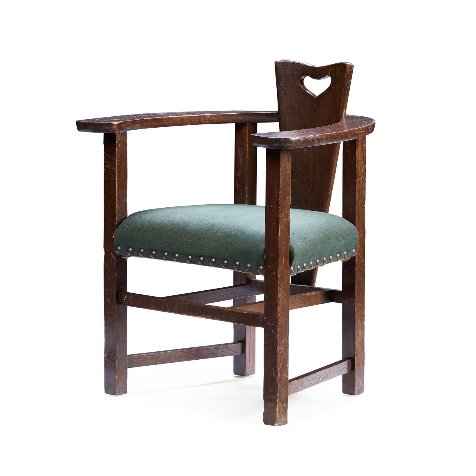 ATTRIBUTED TO GEORGE WALTON (1867-1933) FOR LIBERTY & CO., LONDON: ATTRIBUTED TO GEORGE WALTON (1867-1933) FOR LIBERTY & CO., LONDON GLASGOW SCHOOL OPEN ARMCHAIR, CIRCA 1900 oak, with close-nailed upholstery 69cm wide, 85cm high, 60cm deep