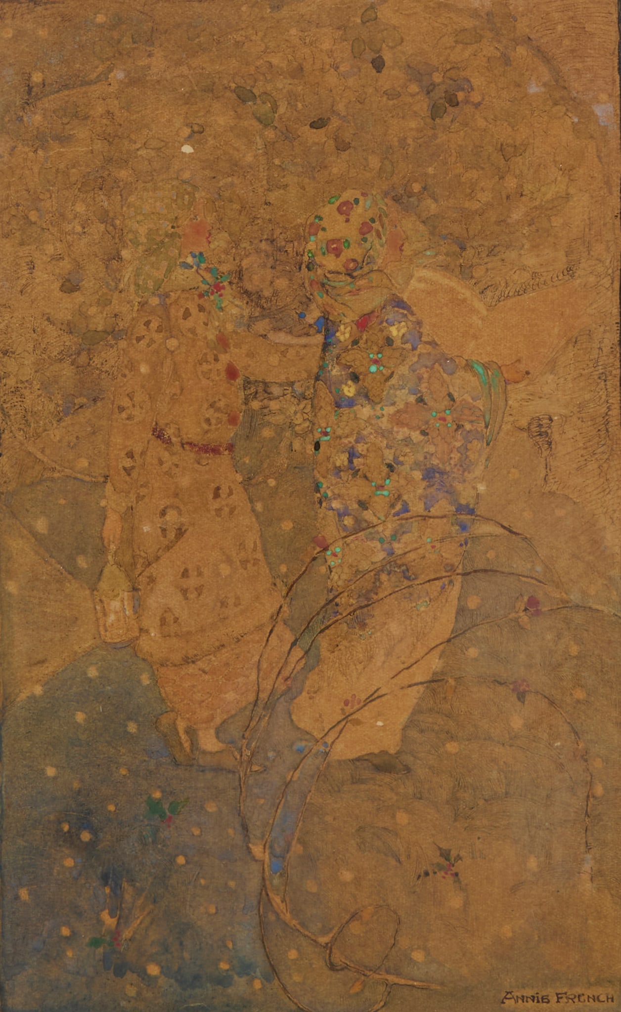 § ANNIE FRENCH (1872-1965): ANNIE FRENCH (1872-1965) CAROL SINGERS pen and ink, watercolour and bodycolour, signed lower right ANNIE FRENCH 26cm x 17cm (frame size 46.5cm x 36cm)