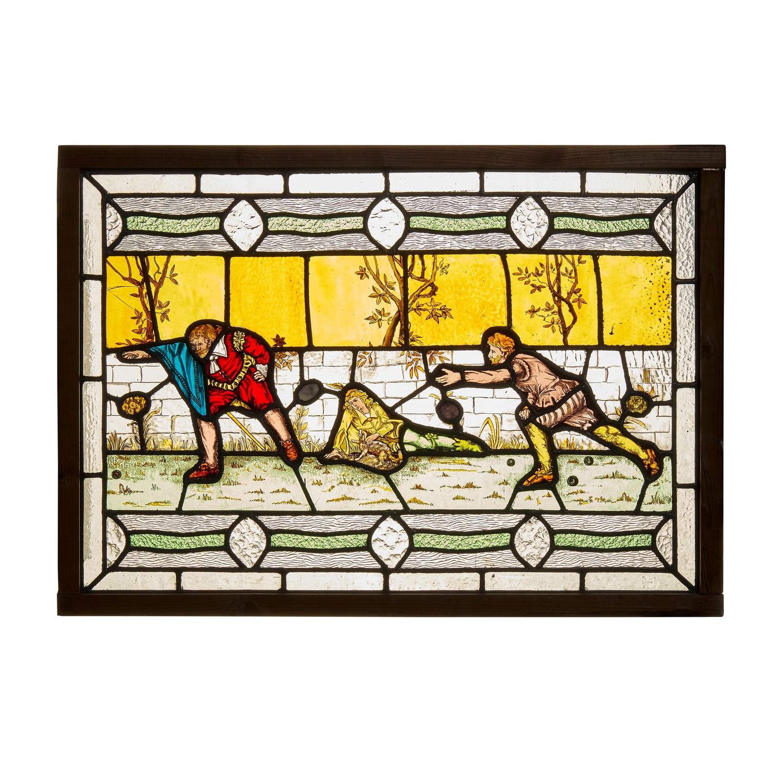 MANNER OF GEORGE WALTON: MANNER OF GEORGE WALTON GLASGOW SCHOOL STAINED GLASS PANEL, CIRCA 1900 painted, stained and leaded glass, later pine frame 55cm x 80cm (frame size 61cm x 86cm)