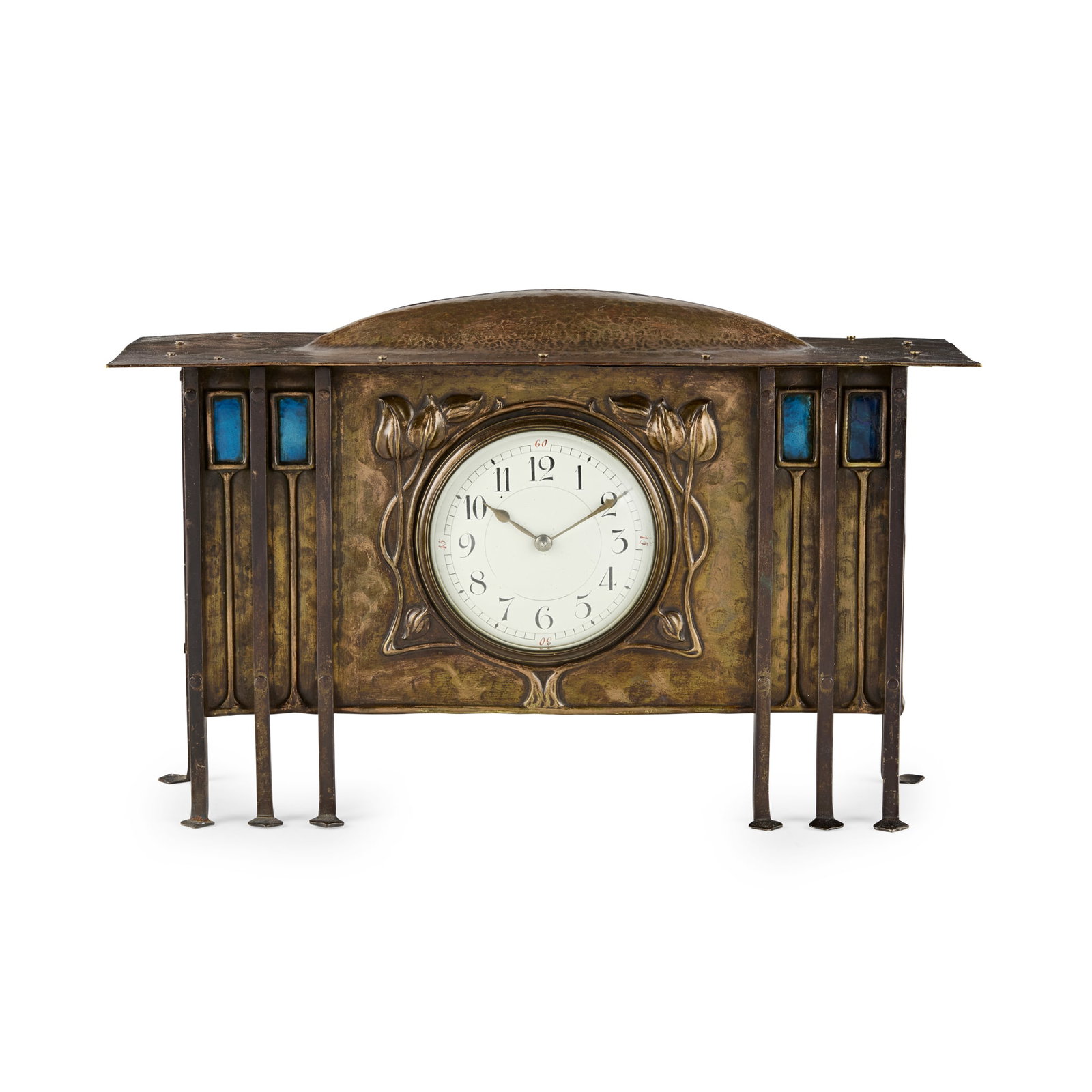 ATTRIBUTED TO GEORGE WALTON (1867-1933) FOR GOODYERS, LONDON: ATTRIBUTED TO GEORGE WALTON (1867-1933) FOR GOODYERS, LONDON ARTS & CRAFTS MANTEL CLOCK, CIRCA 1900 copper and enamel, enclosing a white enamel and painted dial 33.5cm wide, 21cm high