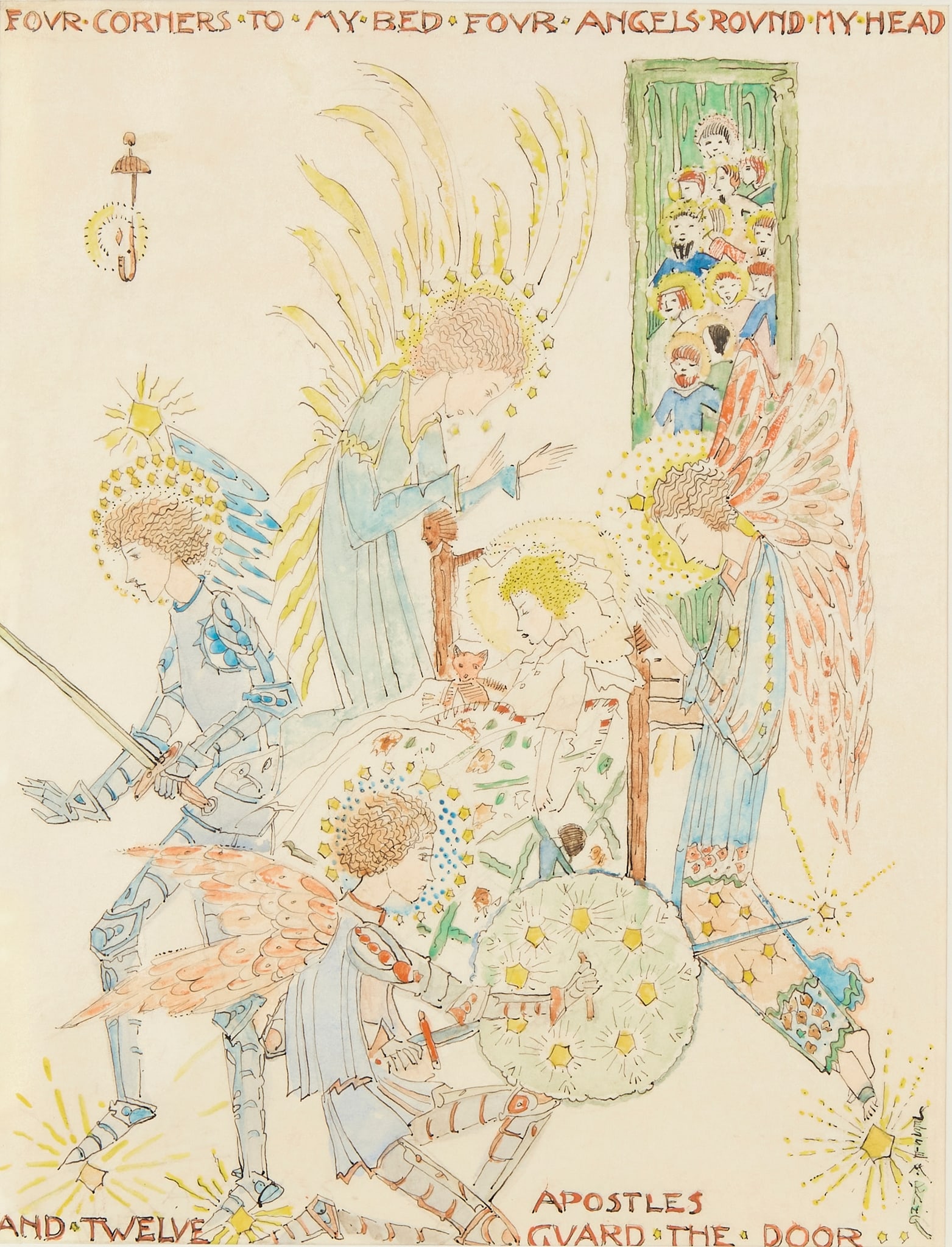 JESSIE MARION KING (1875-1949): JESSIE MARION KING (1875-1949) 'FOUR CORNERS TO MY BED..' pen, ink and watercolour, signed lower right JESSIE M. KING, inscribed FOUR CORNERS TO MY BED/ FOUR ANGELS ROUND MY HEAD/ AND TWELVE APOSTLES