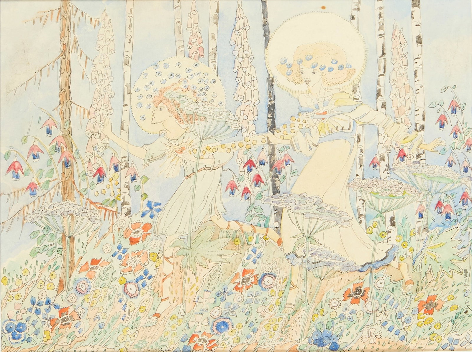 JESSIE MARION KING (1875-1949): JESSIE MARION KING (1875-1949) WALK THROUGH THE WOOD pen, ink and watercolour, signed lower right JESSIE M. KING 23cm x 31cm (frame size 52cm x 60cm)