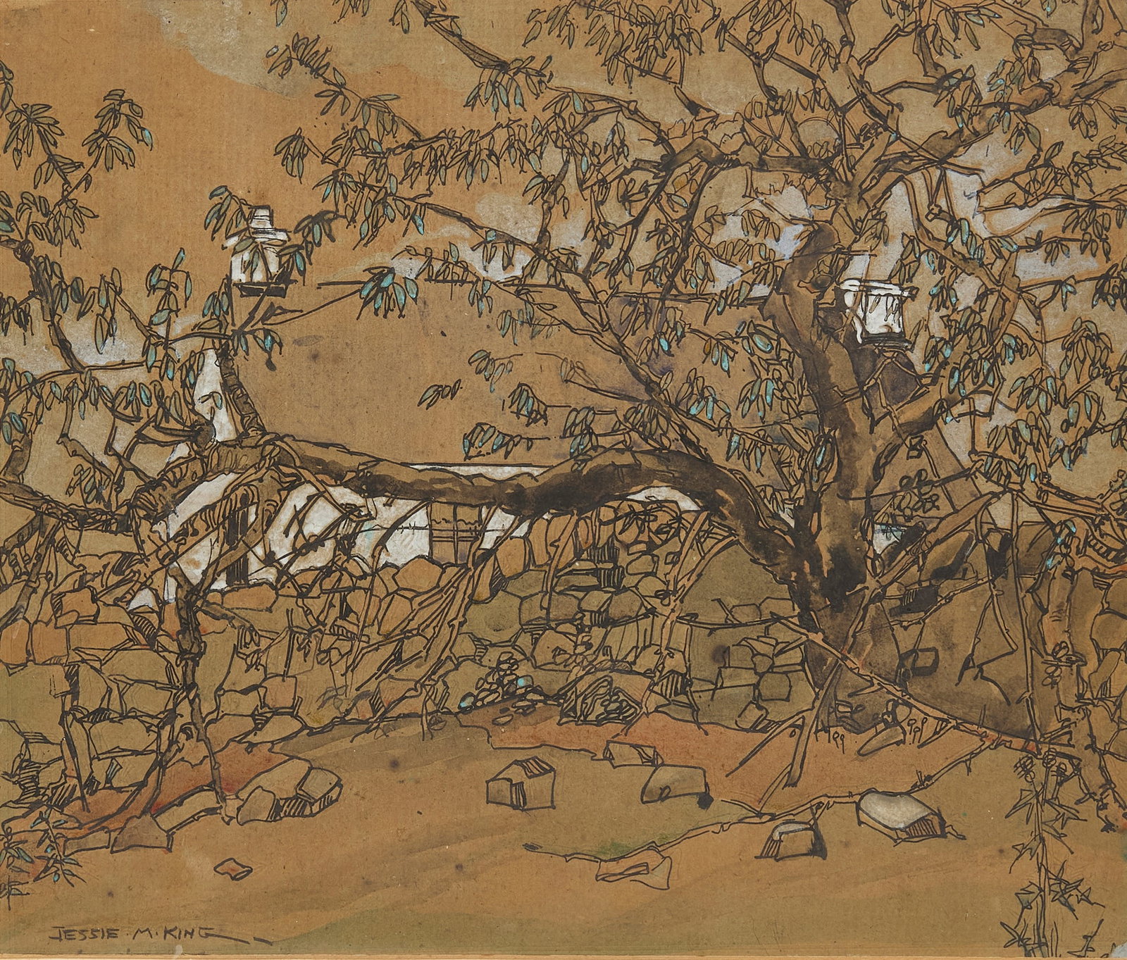 JESSIE MARION KING (1875-1949): JESSIE MARION KING (1875-1949) CHERRY TREE IN CORRIE pen and ink, watercolour, bodycolour, signed lower left JESSIE M. KING 28cm x 32cm (frame size 40cm x 49cm)