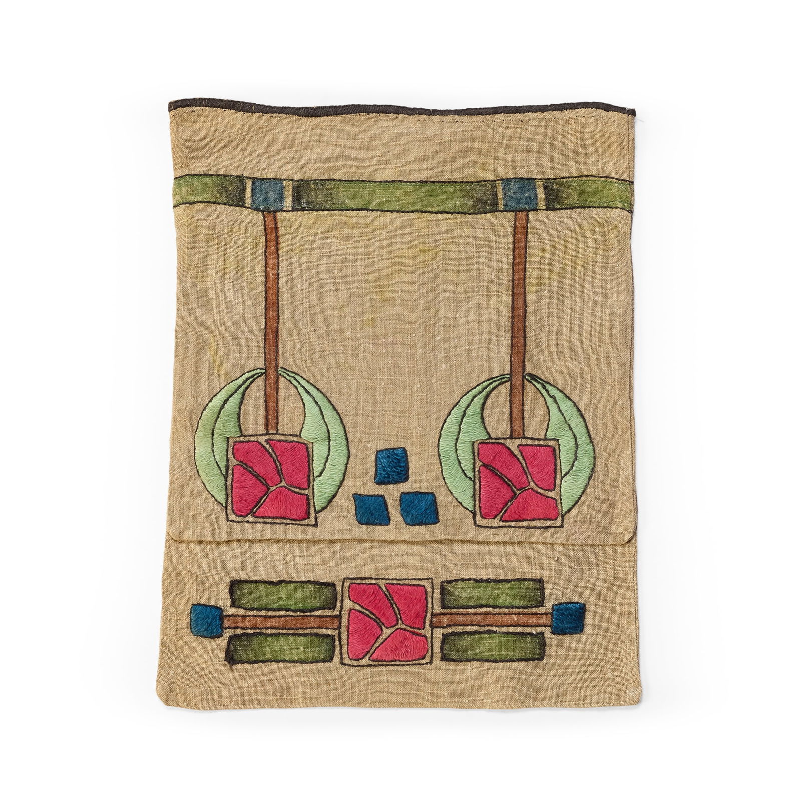 ANN MACBETH (1875-1948) AND THE GLASGOW SCHOOL: ANN MACBETH (1875-1948) AND THE GLASGOW SCHOOL GROUP OF EMBROIDERIES, CIRCA 1900 to include; an EMBROIDERED CASE BY ANN MACBETH, 31.5cm x 24cm; a TEA COSY, 26.5cm x 38cm; a BLOTTER, 30cm x 24cm (close