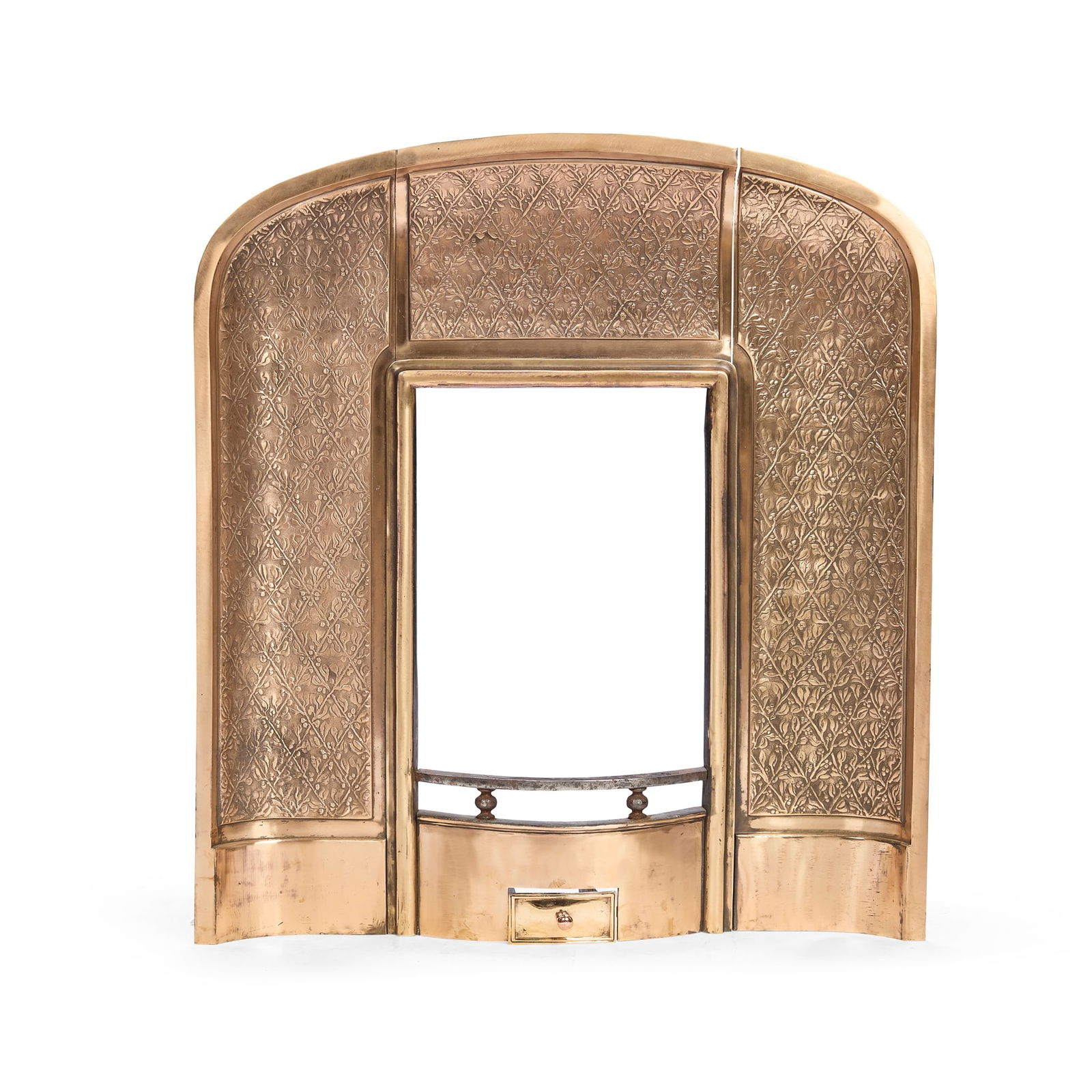 ATTRIBUTED TO SIR ROBERT LORIMER (1864-1929): ATTRIBUTED TO SIR ROBERT LORIMER (1864-1929) ARTS & CRAFTS FIREPLACE INSERT, CIRCA 1900 cast bronze 95.5cm wide, 108cm high, internal measurement 73cm high, 38cm wide Argaty House, Doune, Stirli