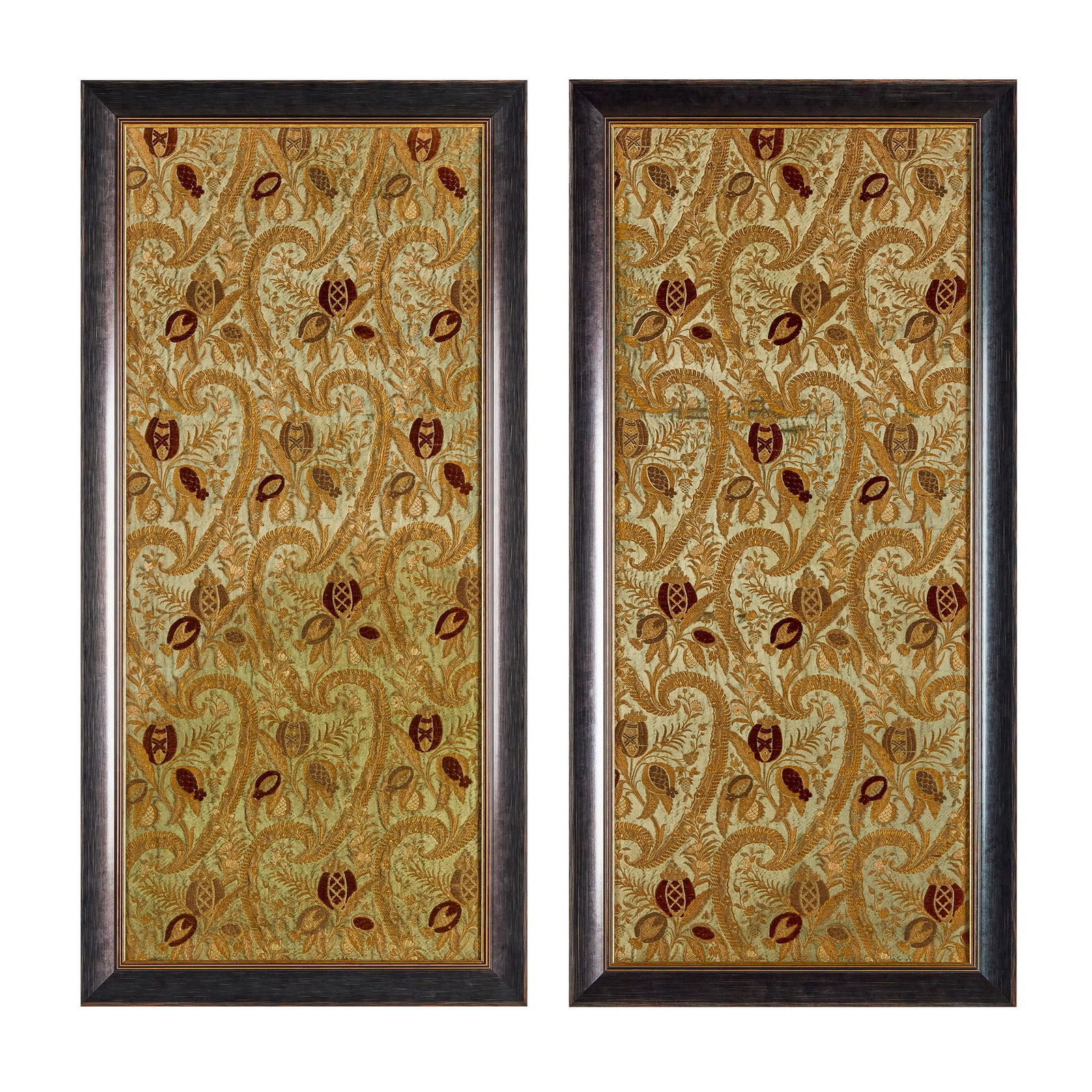 ITALIAN: ITALIAN PAIR OF BROCADED FABRIC PANELS, CIRCA 1880 woven silk, chenille and metal threads, framed (2) 130cm x 55cm (frame size 145cm x 70cm)