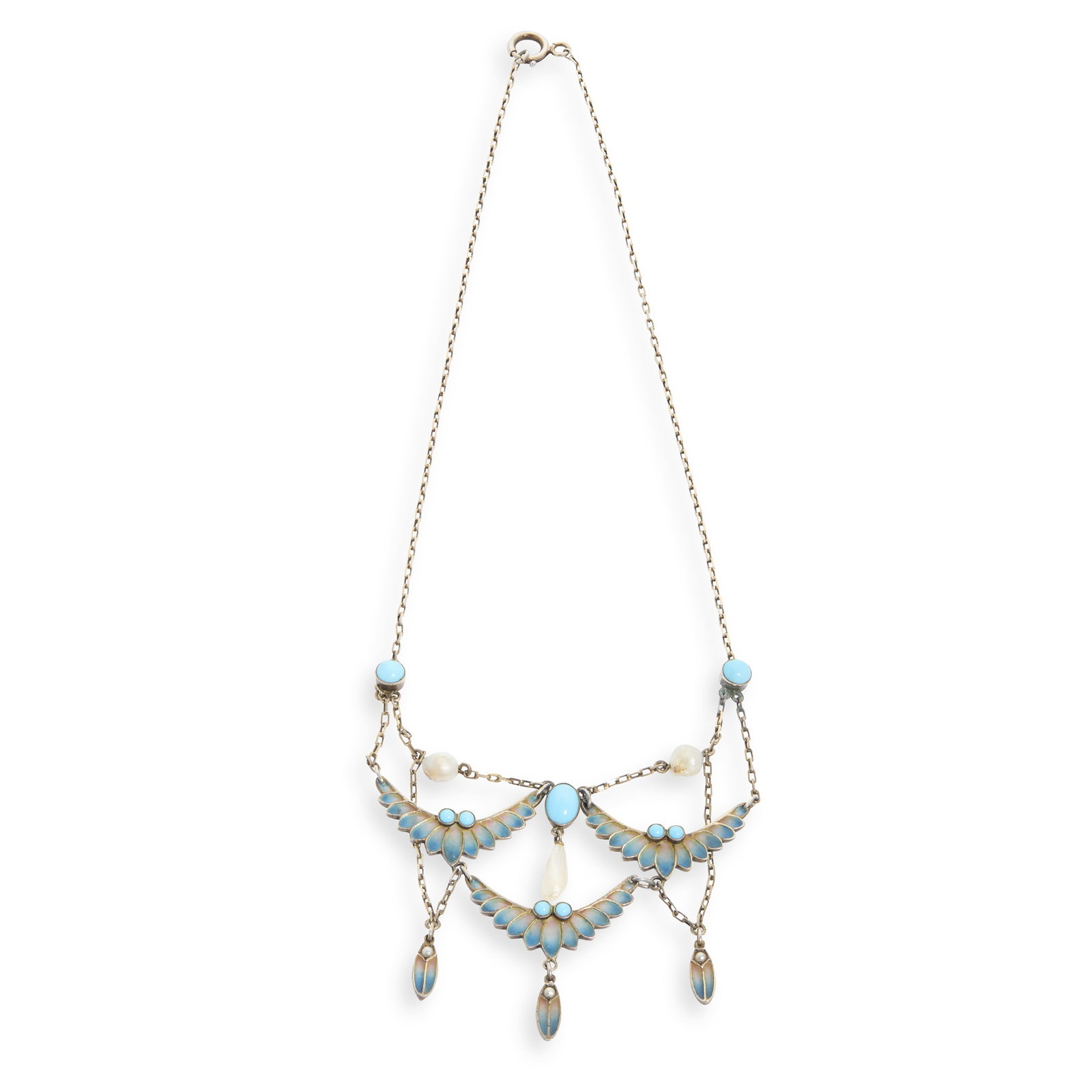 HERMANN & SPECK: HERMANN & SPECK JUGENDSTIL NECKLACE, CIRCA 1900 silver gilt, plique-à-jour enamel, baroque pearls and turquoise ceramic cabochons, stamped maker's mark 42cm long including chain