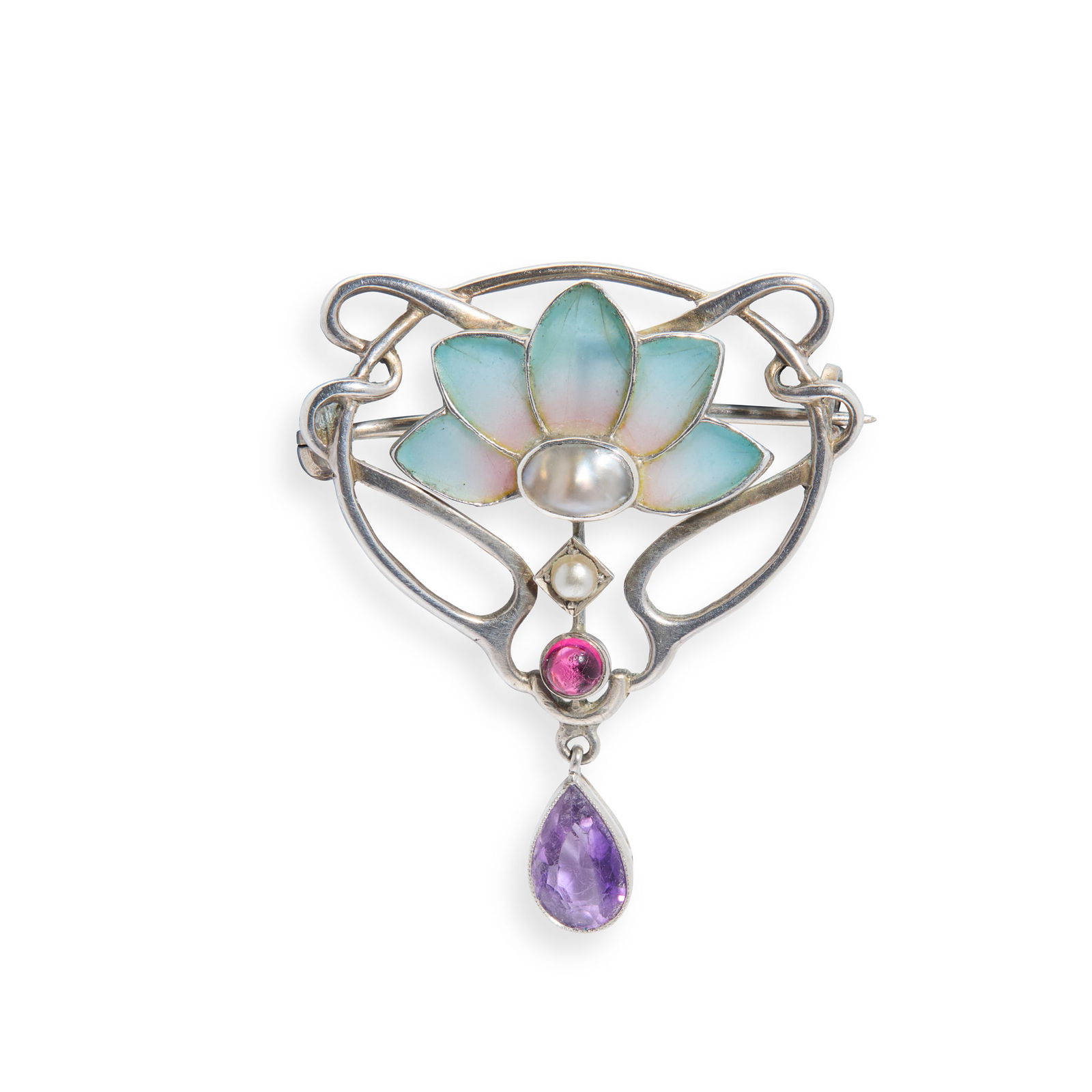 MANNER OF HEINRICH LEVINGER: MANNER OF HEINRICH LEVINGER ART NOUVEAU BROOCH, CIRCA 1900 silver, plique-à-jour enamel, blister pearl, garnet and amethyst, stamped verso STERLING 4cm tall