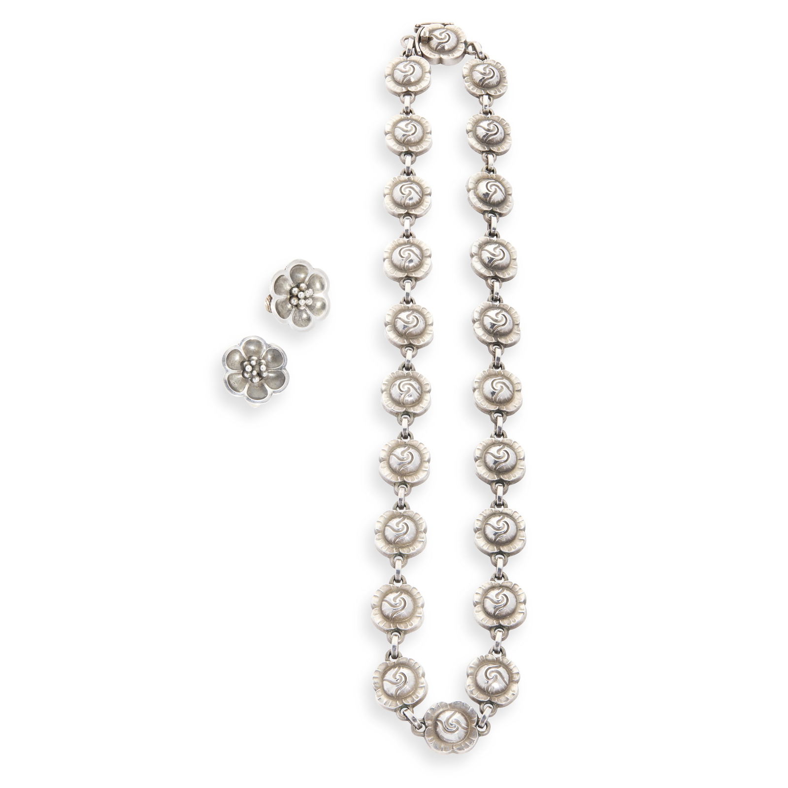 GEORG JENSEN (1866-1935): GEORG JENSEN (1866-1935) NECKLACE, CIRCA 1950 silver, stamped maker's mark, STERLING/ 42B, hallmarked London 1955, 40.5cm long; together with a GEORGE JENSEN MATCHED PAIR OF EARCLIPS, silver, stamped