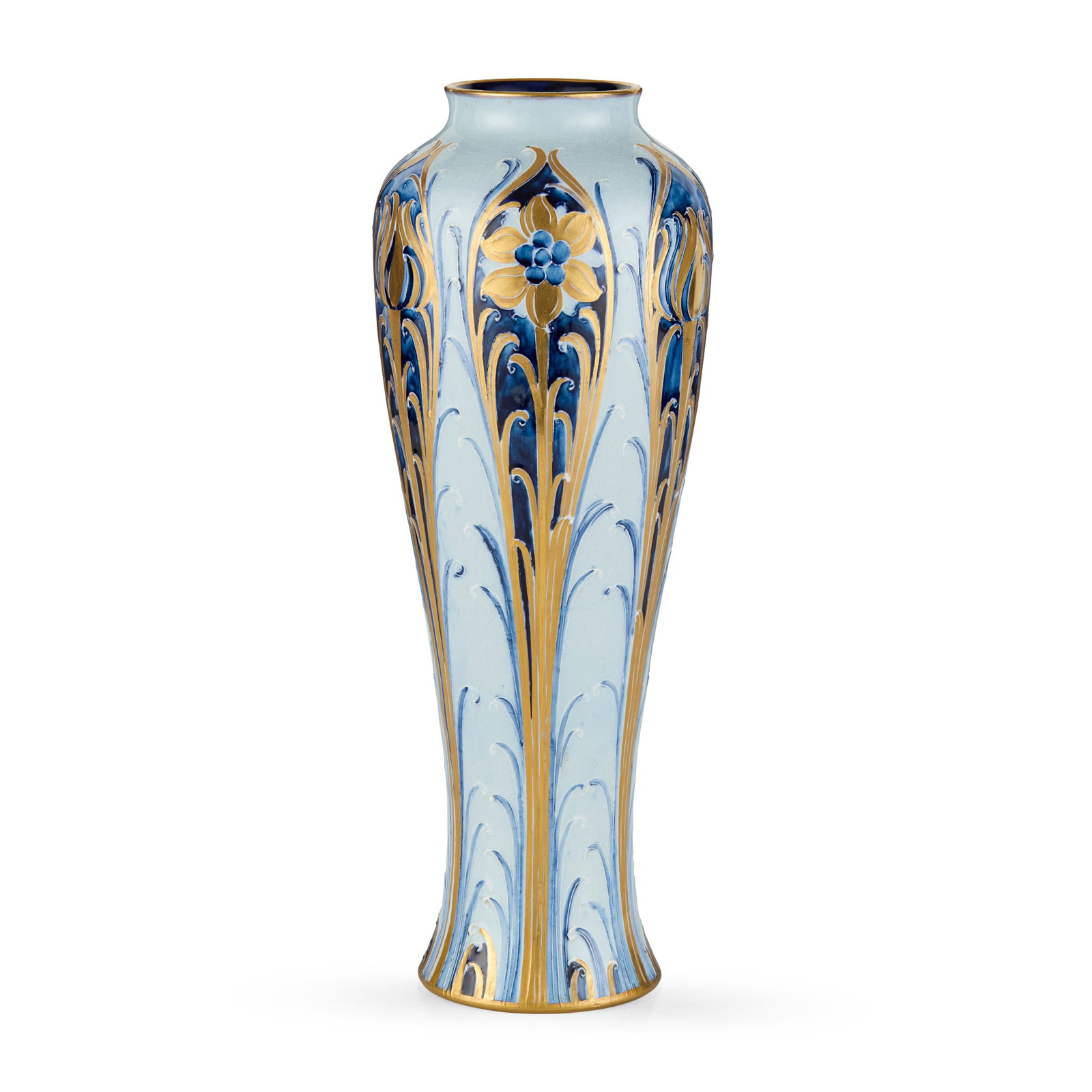 WILLIAM MOORCROFT (1872-1945) FOR JAMES MACINTYRE CO. LTD.: WILLIAM MOORCROFT (1872-1945) FOR JAMES MACINTYRE CO. LTD. RARE FLORIAN WARE VASE, CIRCA 1898 glazed and gilded earthenware, signed W. M./ DES., printed maker's mark and registration number 404017,