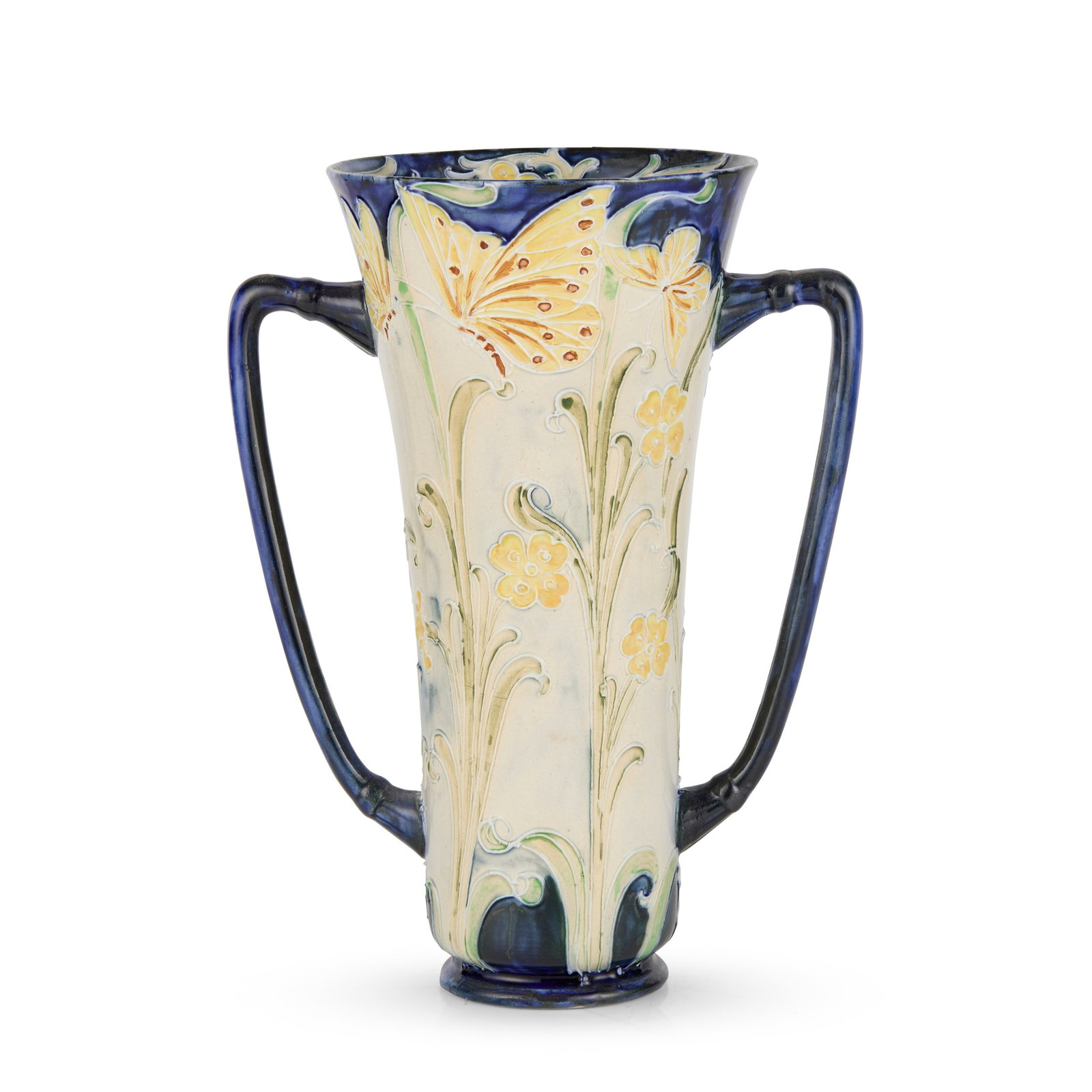 WILLIAM MOORCROFT (1872-1945) FOR JAMES MACINTYRE & CO.: WILLIAM MOORCROFT (1872-1945) FOR JAMES MACINTYRE & CO. 'BUTTERFLY' FLORIAN WARE TWIN-HANDLED VASE, CIRCA 1900 glazed earthenware, signed W. MOORCROFT DES., printed maker's mark and registration