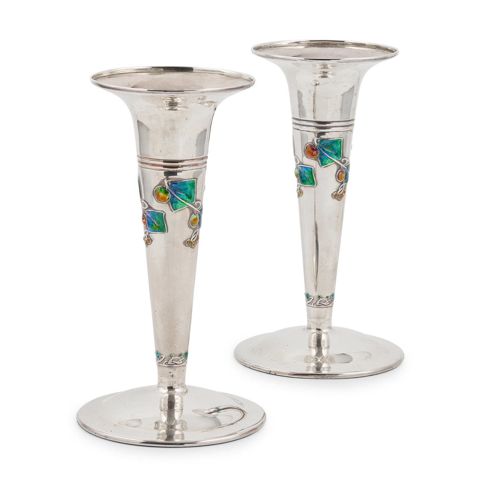 ARCHIBALD KNOX (1899-1933) FOR LIBERTY & CO., LONDON: ARCHIBALD KNOX (1899-1933) FOR LIBERTY & CO., LONDON PAIR OF 'CYRMIC' VASES, 1906 silver, enamel, stamped retailer's mark L & CO, 2242, RD 467167, hallmarked Birmingham 1906 and 1907 (2) 17.2cm high L