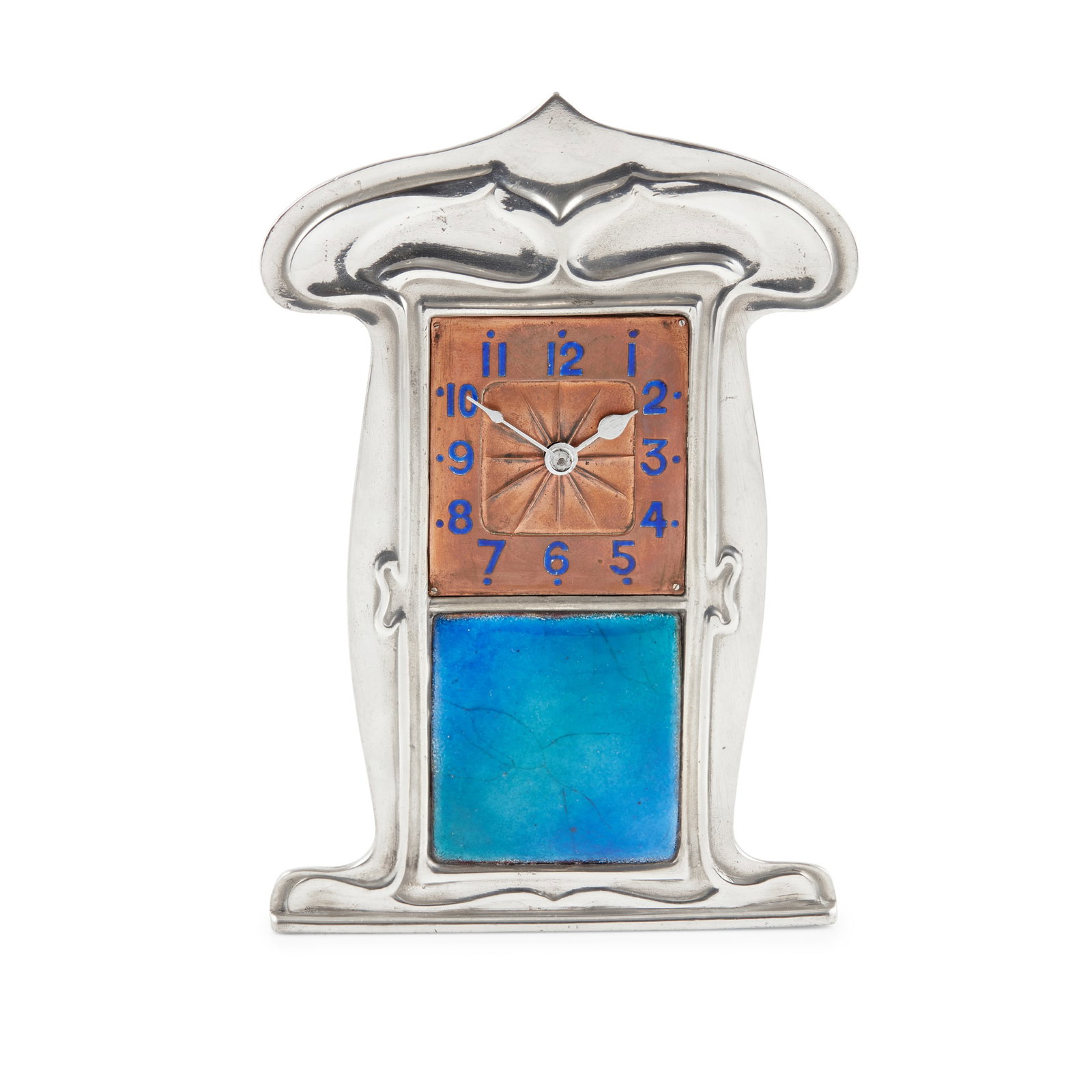 LIBERTY & CO., LONDON: LIBERTY & CO., LONDON 'TUDRIC' MANTEL CLOCK, CIRCA 1910 pewter, enamel, stamped mark 0367 16.5cm high