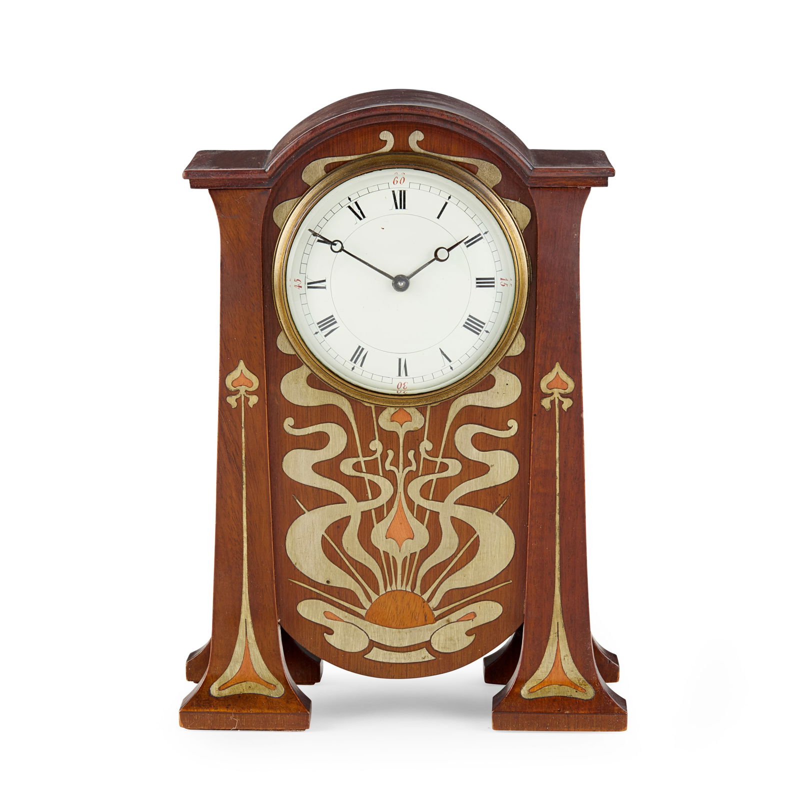 ATTRIBUTED TO LIBERTY & CO., LONDON: ATTRIBUTED TO LIBERTY & CO., LONDON ART NOUVEAU MANTEL CLOCK, CIRCA 1910 inlaid mahogany 24.5cm high 