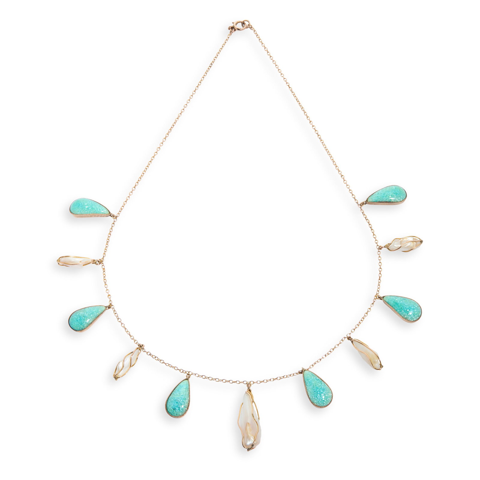 LIBERTY & CO., LONDON: LIBERTY & CO., LONDON NECKLACE, CIRCA 1900 gold, enamel, baroque pearl, in Liberty & Co. box 41cm long