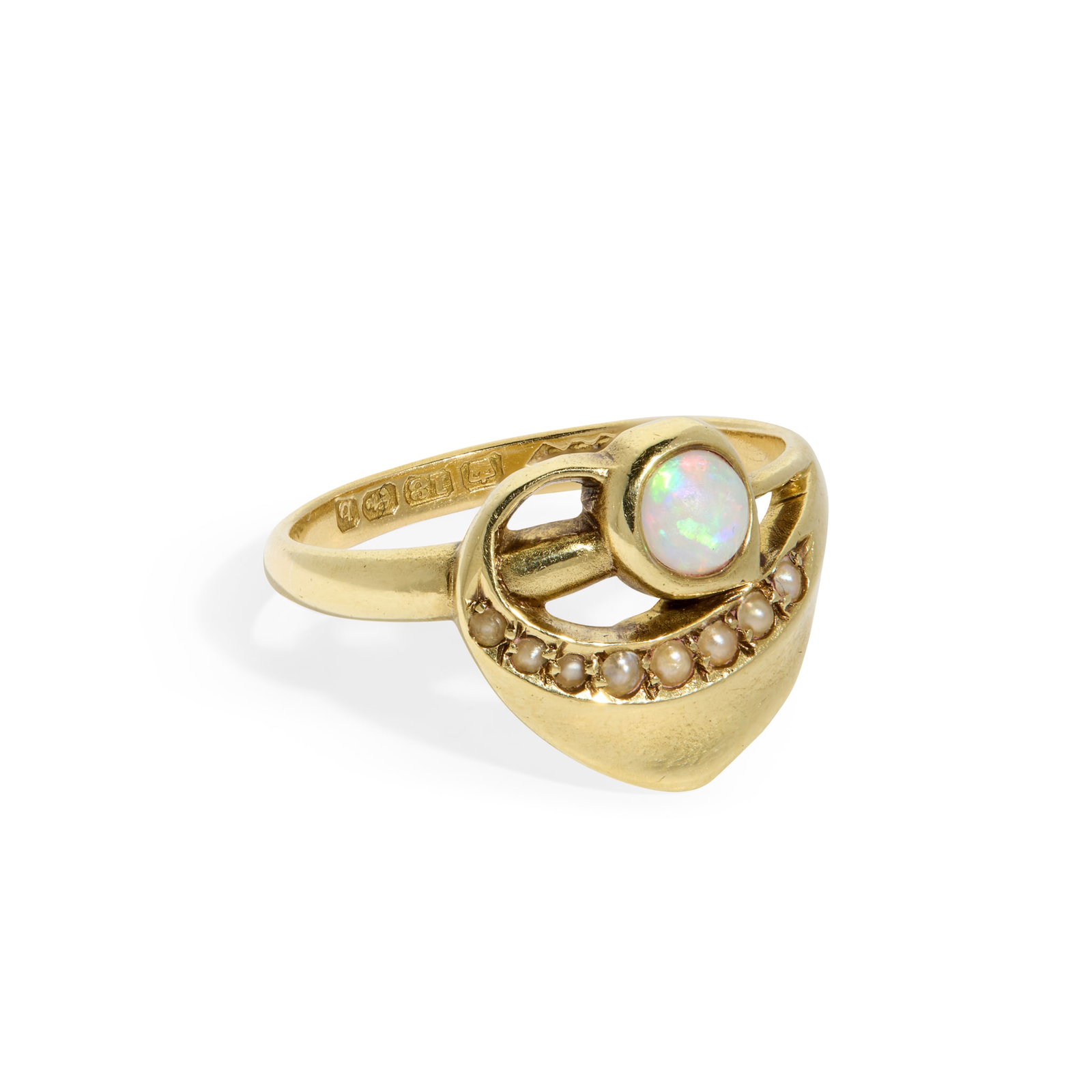 ARCHIBALD KNOX (1864-1933) FOR LIBERTY & CO.: ARCHIBALD KNOX (1864-1933) FOR LIBERTY & CO. RARE RING, 1901 18ct. gold, opal cabochon, seed pearls, stamped maker's mark L&Co;, hallmarked Birmingham 1901, within Liberty & Co. fitted ring box,&