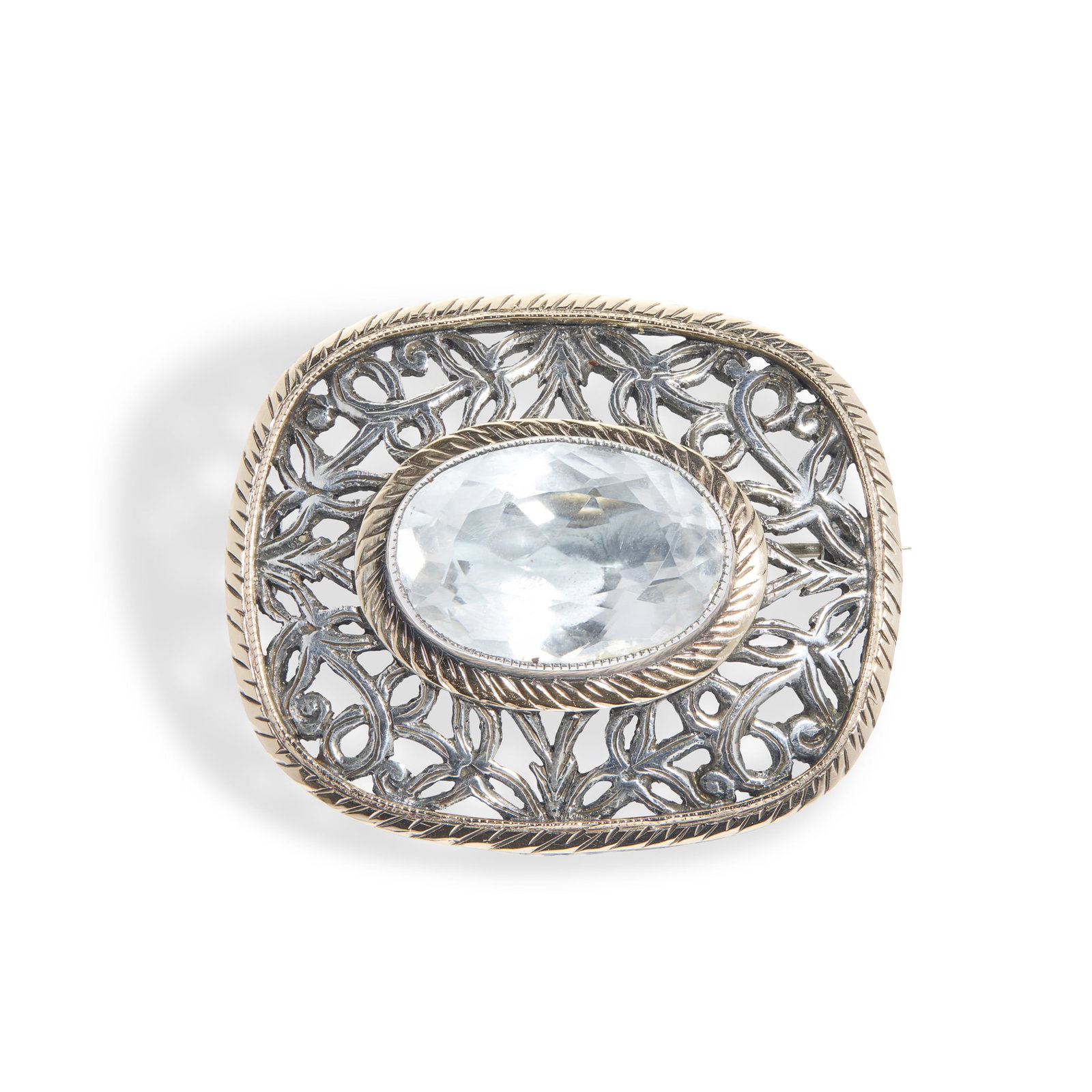 SIBYL DUNLOP (1889-1968): SIBYL DUNLOP (1889-1968) BROOCH, CIRCA 1960 quartz crystal, silver, gold, stamped maker's mark SD, indistinct London hallmarks, within original box inscribed SIBYL DUNLOP LTD./ KENSINGTON CHURCH STREE