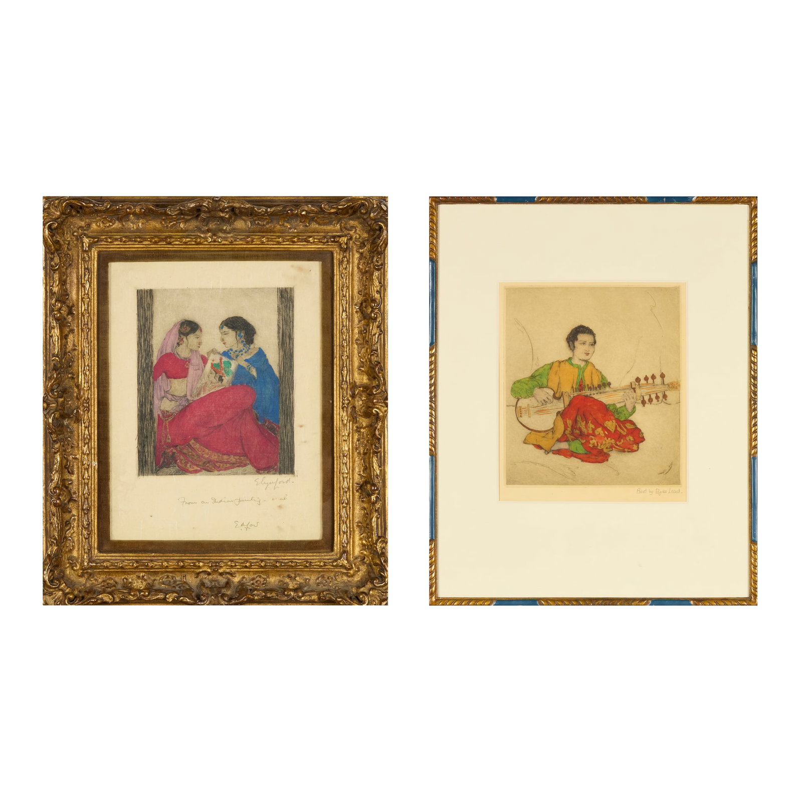 § ELYSE ASHE LORD (1900-1971): ELYSE ASHE LORD (1900-1971) 'FROM AN INDIAN PAINTING' hand-etching, signed (twice) and inscribed, framed 17cm x 14cm (frame size 37cm x 32cm); together with ‘THE MUSICIAN’, hand-coloured e