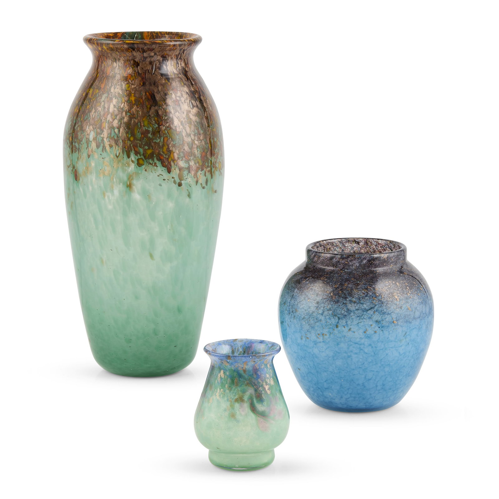 JOHN MONCRIEFF LTD., PERTH: JOHN MONCRIEFF LTD., PERTH THREE 'MONART' VASES, CIRCA 1930 green and blue glass, variously with black, orange and aventurine inclusions (3) 36.5cm; 16.5cm; 11cm high