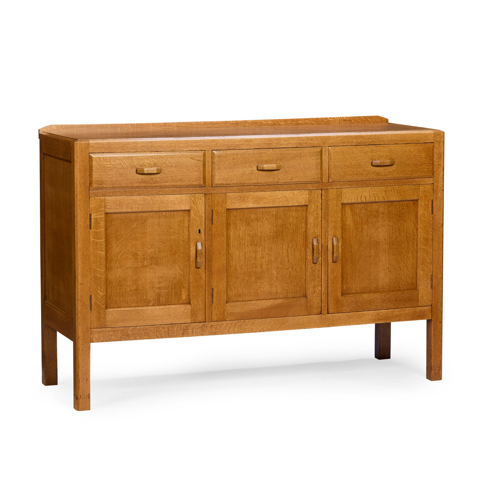 HEAL & SON, LONDON: HEAL & SON, LONDON SIDE CABINET, CIRCA 1920 oak, bears inset ivorine label to drawers HEAL'S TOTTENHAM COURT ROAD LONDON W1 137cm wide, 94cm high, 49cm deep