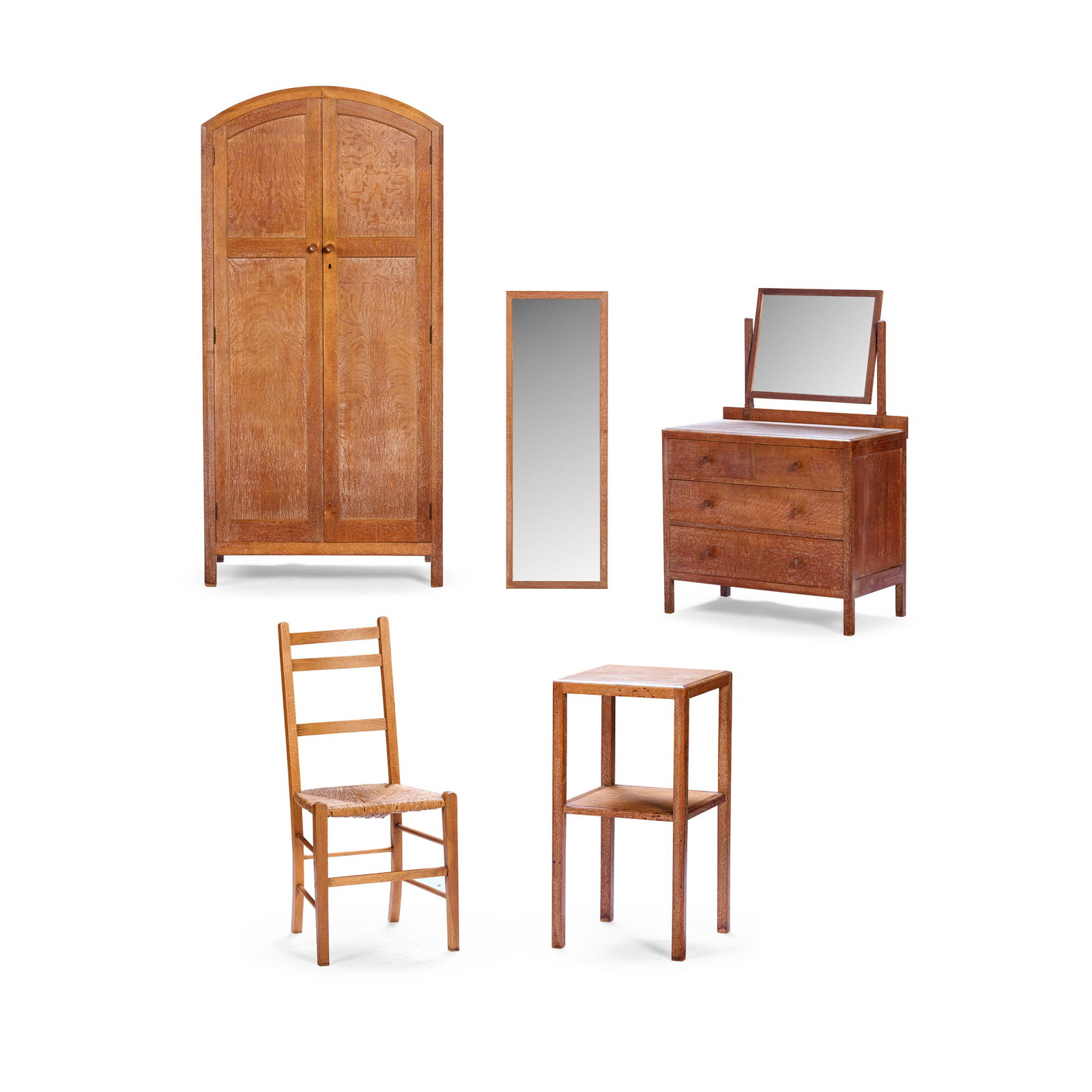 HEAL & SON, LONDON: HEAL & SON, LONDON '930' BEDROOM SUITE, CIRCA 1930 limed oak, comprising; a WARDROBE, bears ivorine maker's label, 88cm wide, 185cm high, 50cm deep; a DRESSING CHEST, bears ivorine maker's label and a