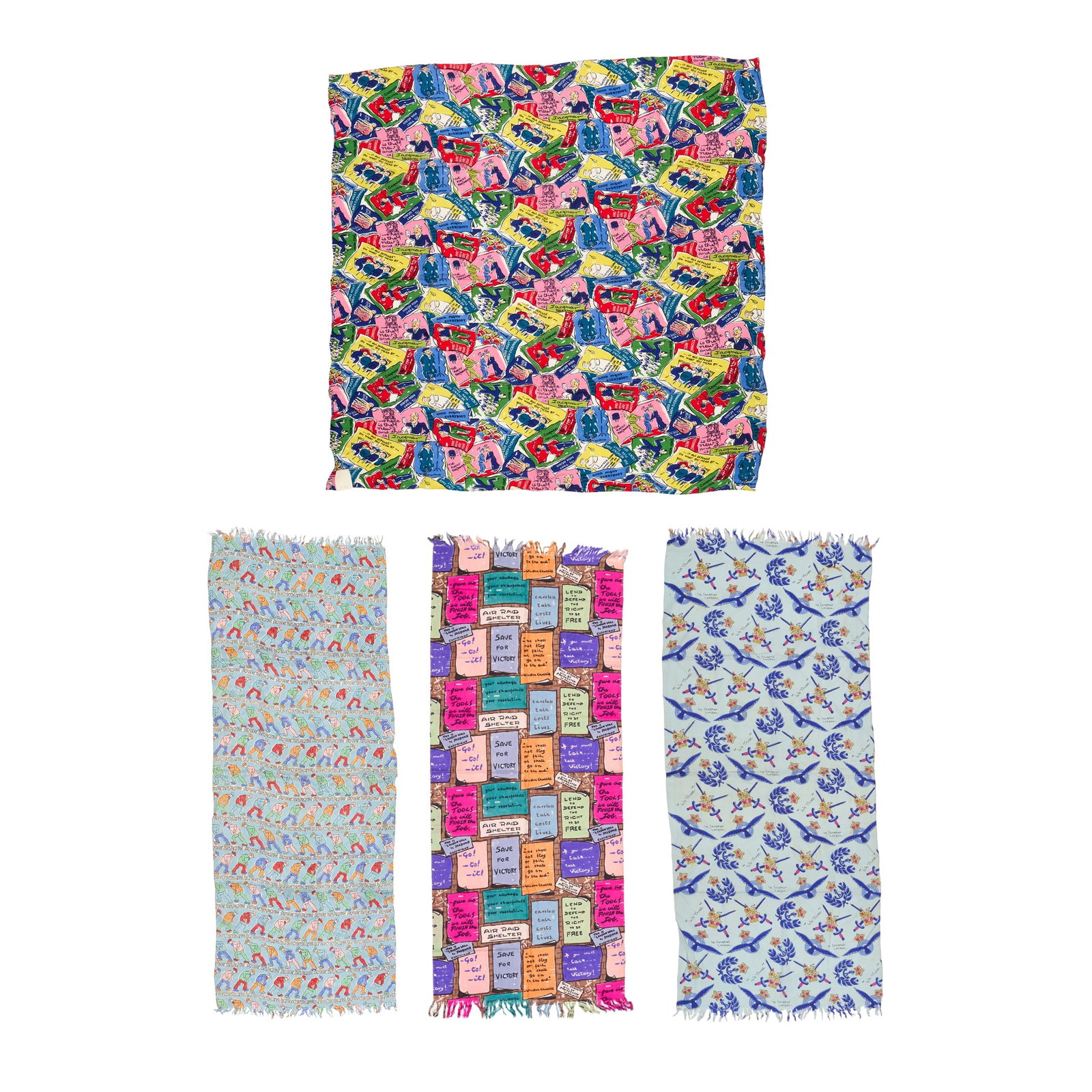 JACQMAR, LONDON: JACQMAR, LONDON SIX WWII PROPAGANDA SCARVES, 1940'S silk, comprising; ‘London Wall’, 114cm x 44cm; ‘Presenting’, 1942, 88cm x 88cm; 'We Three', 104cm x 46cm; 'Every man must do