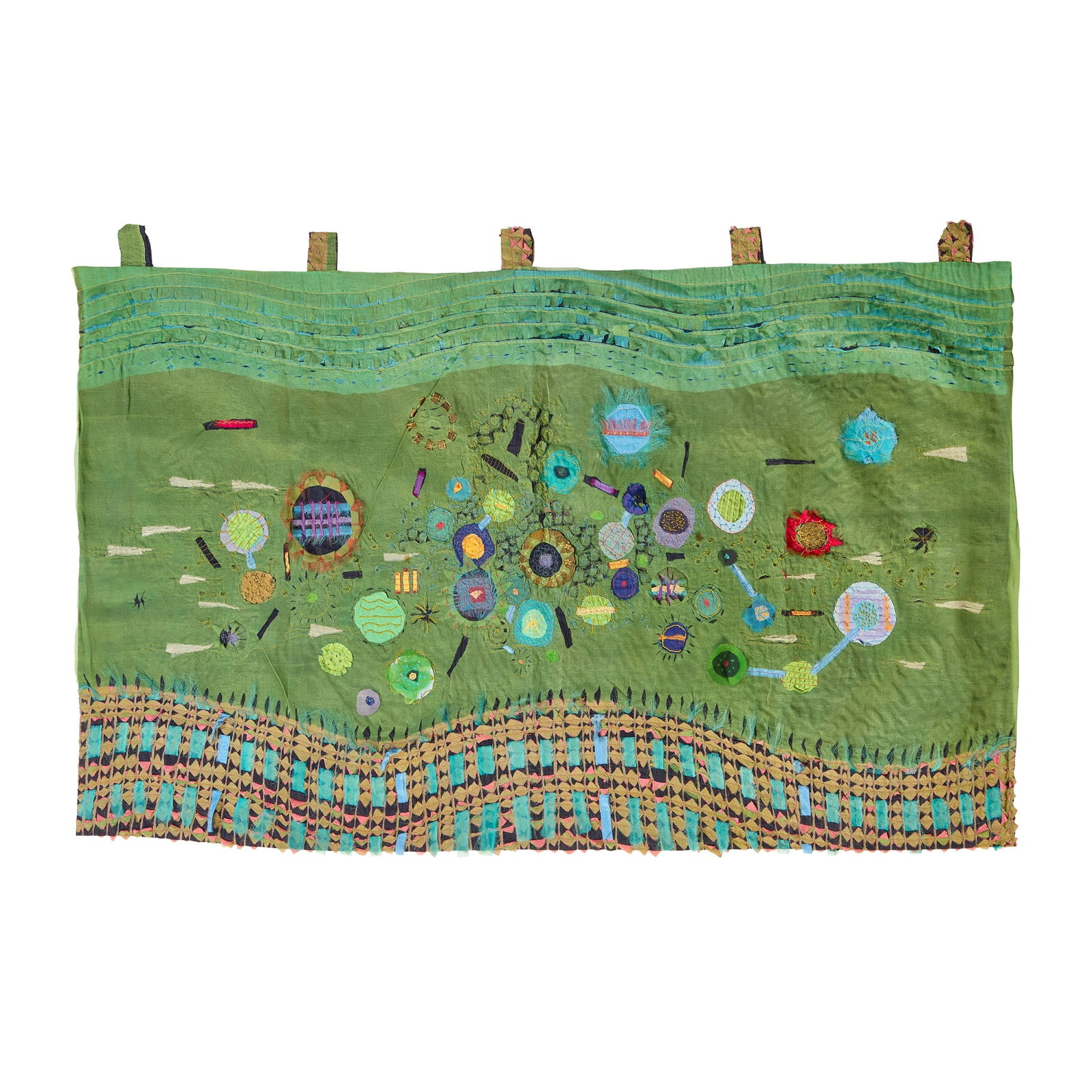 § JILLI BLACKWOOD (B. 1965): JILLI BLACKWOOD (B. 1965) 'CIRCLES OF LIFE', 2000 embroidered applique hanging, coloured silks, silk threads, lined 85cm x 148cm Jilli Blackwood was born in Glasgow and attended the Glasgow School of