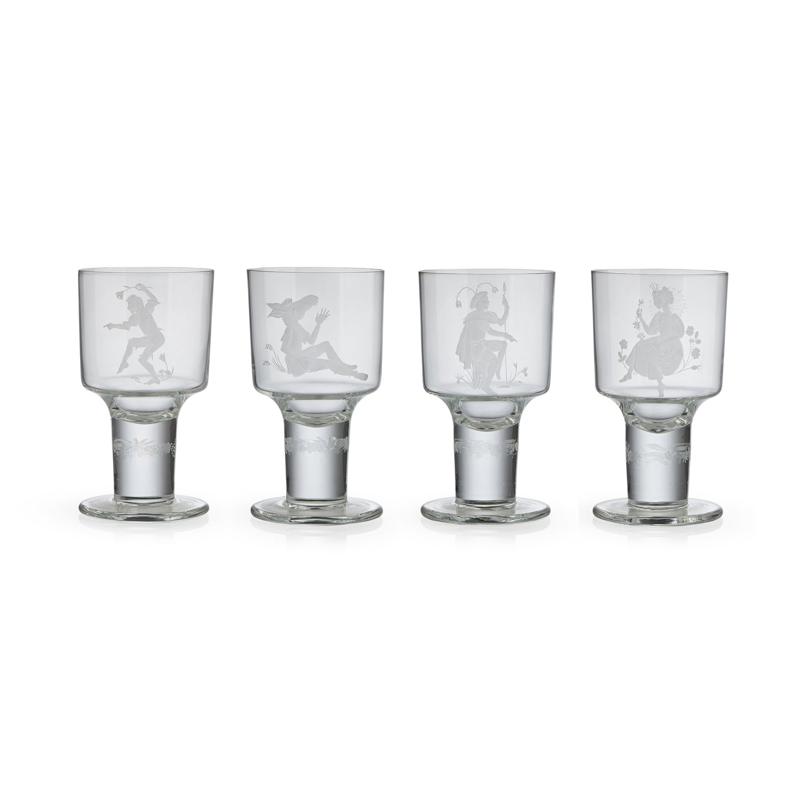 ALISON KINNAIRD (B. 1949): ALISON KINNAIRD (B. 1949) FOUR 'MIDSUMMER NIGHT'S DREAM' GLASSES, 1973 acid-etched glass, each signed ALISON KINNAIRD (4) 16cm high These were commissioned directly from Alison