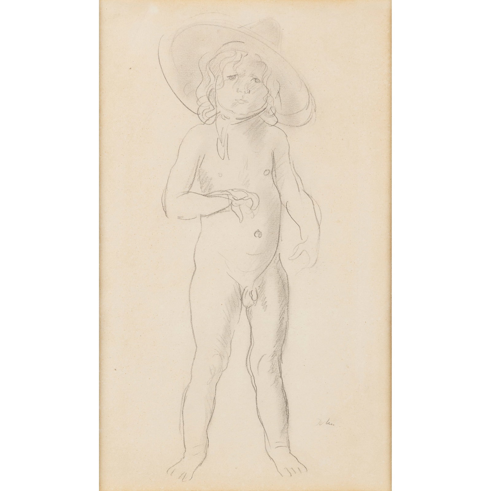 § AUGUSTUS JOHN O.M., R.A. (BRITISH 1878-1961): AUGUSTUS JOHN O.M., R.A. (BRITISH 1878-1961) CHILD WITH LARGE HAT (PYRAMUS) signed in pencil (lower right), pencil on paper 31.5cm x 18.7cm (12 3/8in x 7 3/8in) The Adams Gallery, London;The Collectio