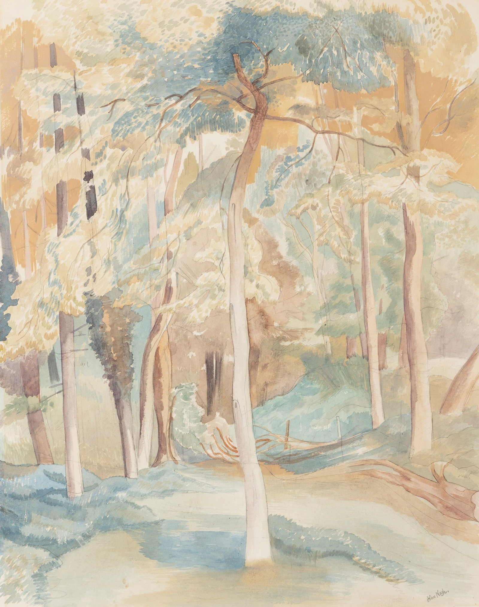 § JOHN NASH R.A. (BRITISH 1893-1977): JOHN NASH R.A. (BRITISH 1893-1977) THE GROVE signed (lower right), pencil and watercolour on paper laid on card 55cm x 43cm (21 ½in x 17in) Mrs C.E. Bennion, by 1967;with Hamet Gallery, Lon