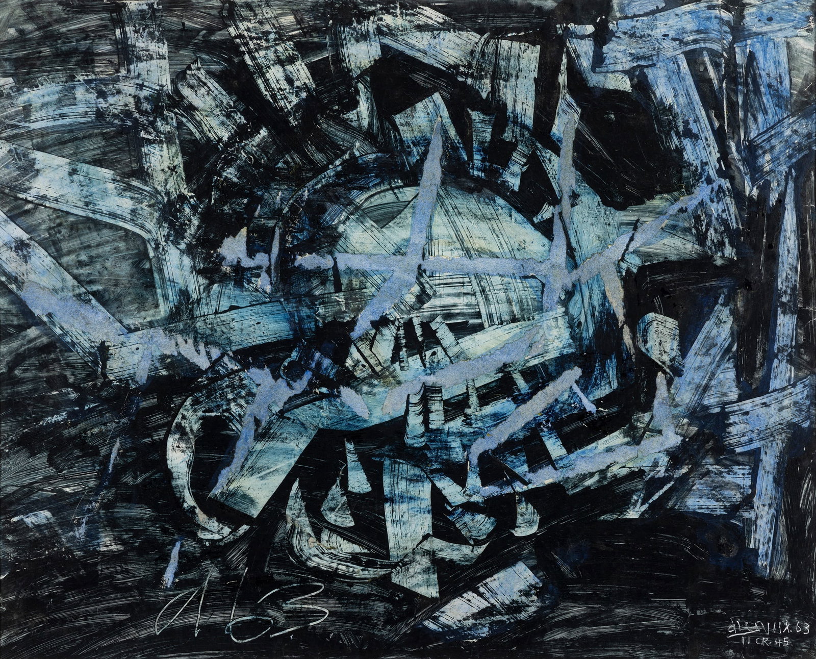 § ROY TURNER DURRANT (BRITISH 1925-1998): ROY TURNER DURRANT (BRITISH 1925-1998) ENTRANCE, 1963 signed and dated (lower left), also signed, dated and inscribed II CR.45 (lower right), ink, watercolour and collage on paper 48cm x 59cm (19in x