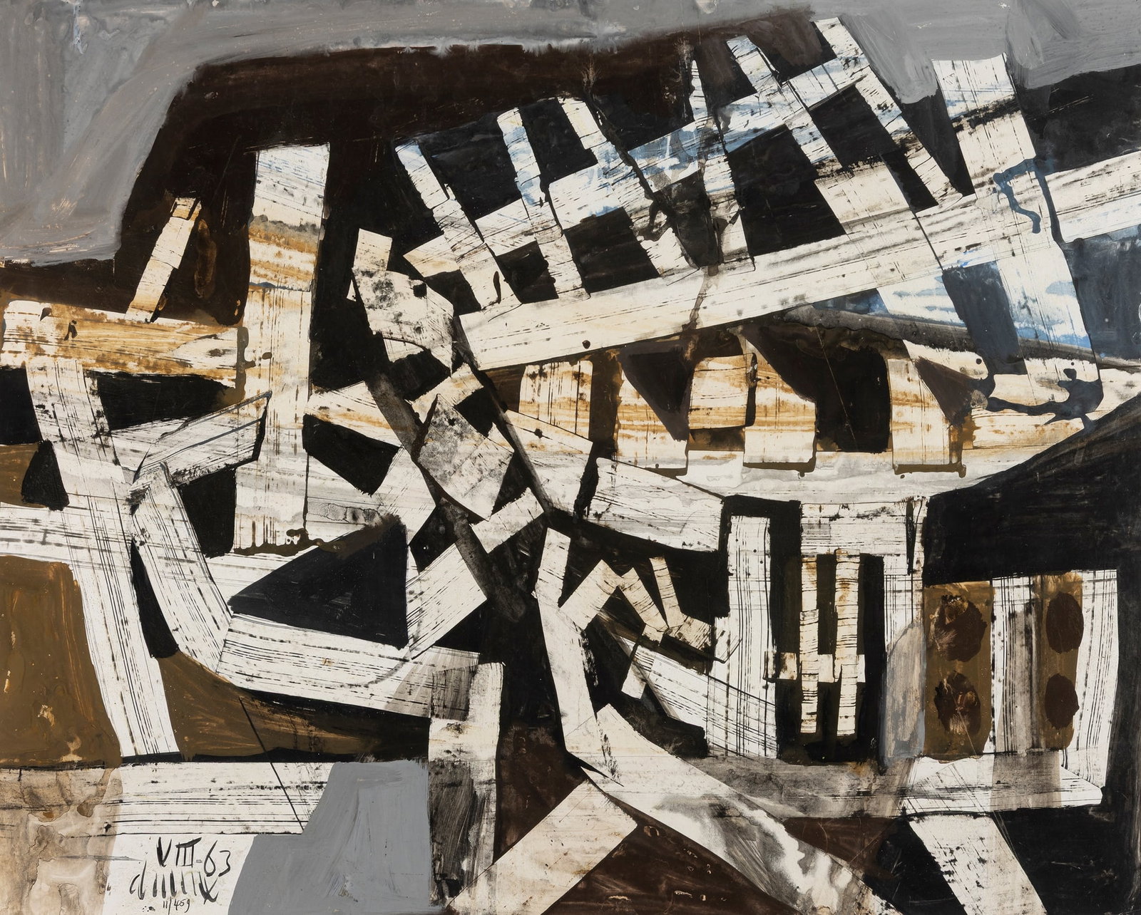 § ROY TURNER DURRANT (BRITISH 1925-1998): ROY TURNER DURRANT (BRITISH 1925-1998) INSCAPE (DE VERE), 1963 signed and dated VIII. 63 (lower left), inscribed 11/459, ink, watercolour and gouache on paper 49cm x 61.5cm (19 ¼in x 24 
