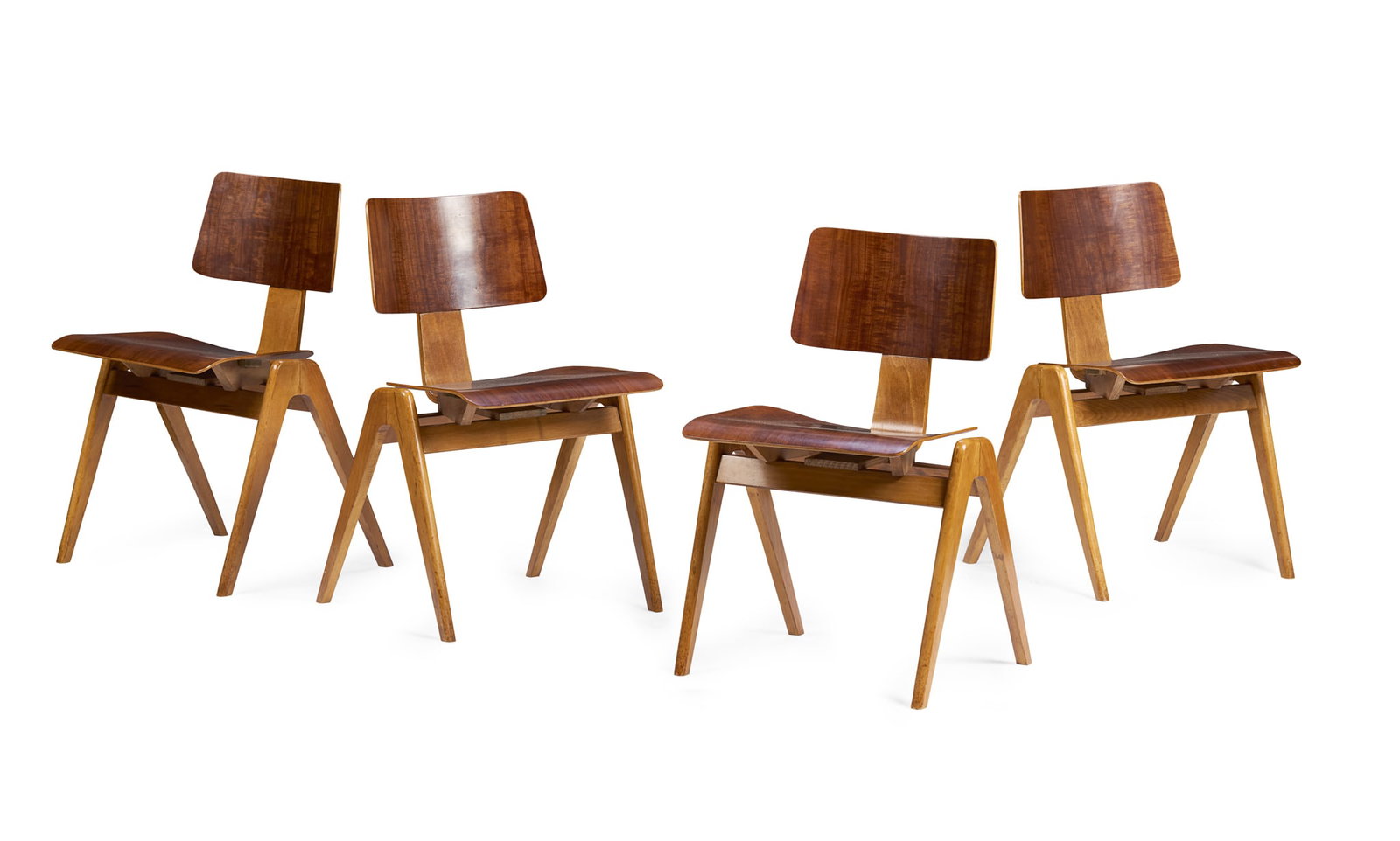 § ROBIN DAY O.B.E. (BRITISH, 1915-2010) FOR HILLE: ROBIN DAY O.B.E. (BRITISH, 1915-2010) FOR HILLE SET OF FOUR 'HILLESTAK' CHAIRS, DESIGNED 1951 beech frame and moulded plywood seat 74.5cm high, 49cm wide, 42cm deep (29 3/8in high, 19 ¼in wide, 1